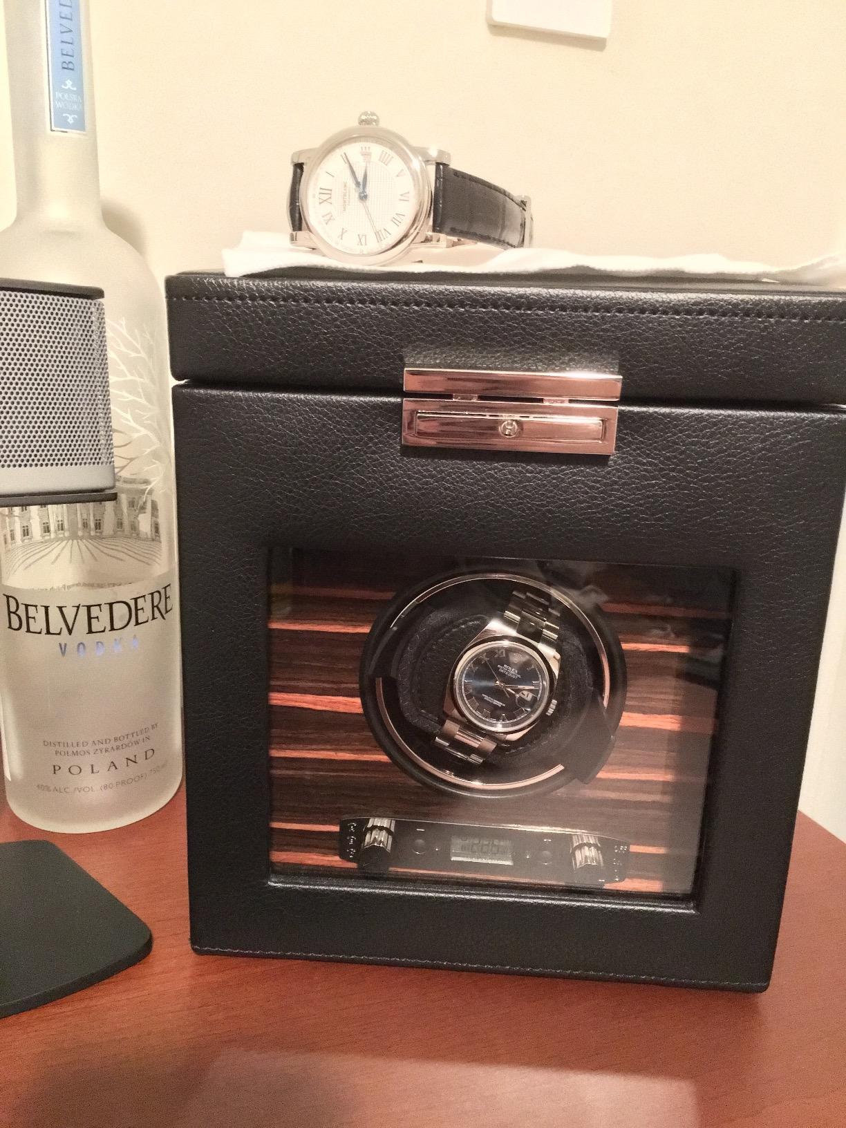 Wolf Roadster Triple Watch Winder with Storage, Black - Secure Fit with Patented Lock-In Dynamic Cuff - Vegan Leather & Glass Cover - Includes Universal Adapter & Travel Case customer photo 1