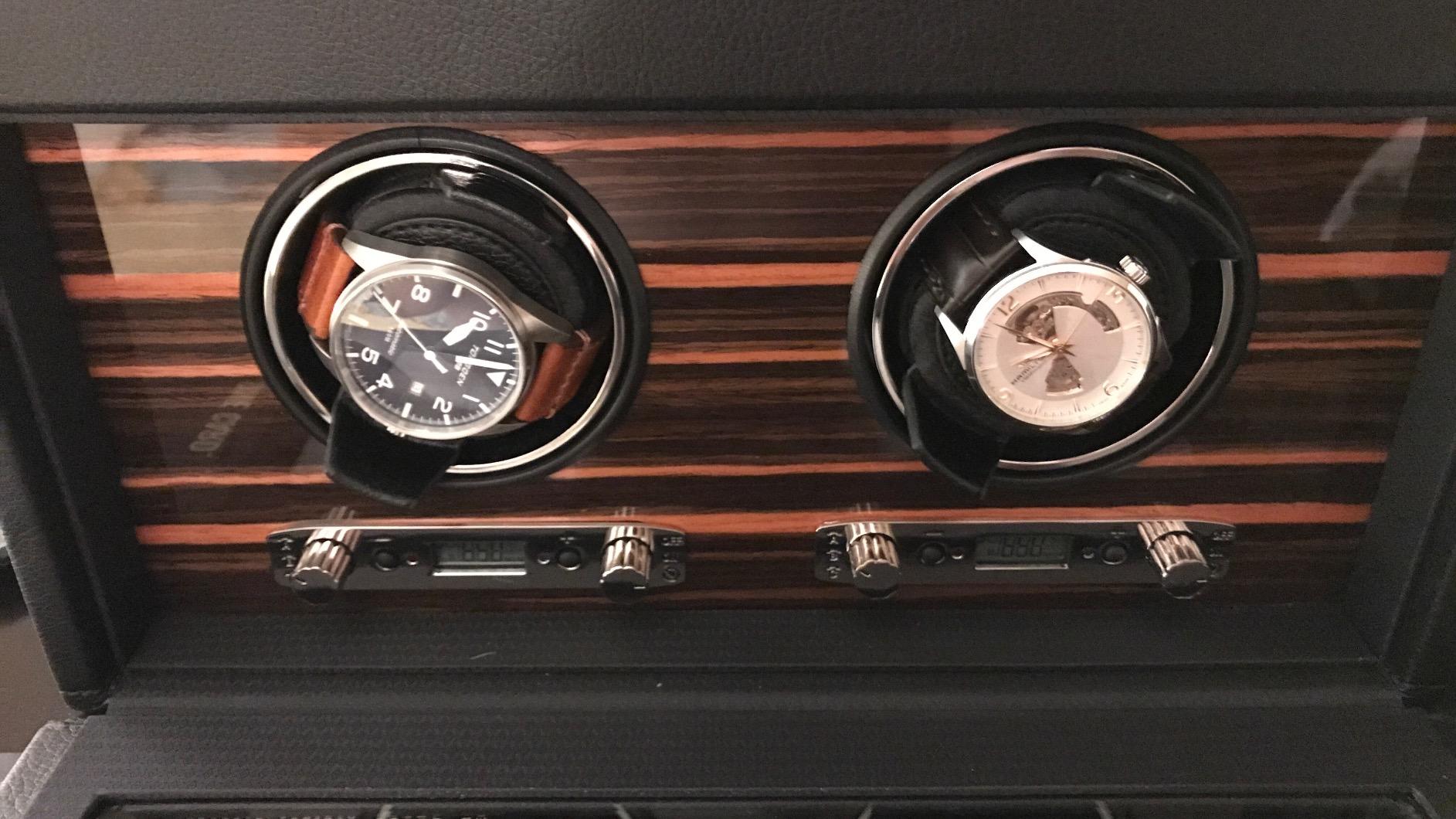 Wolf Roadster Triple Watch Winder with Storage, Black - Secure Fit with Patented Lock-In Dynamic Cuff - Vegan Leather & Glass Cover - Includes Universal Adapter & Travel Case customer photo 2