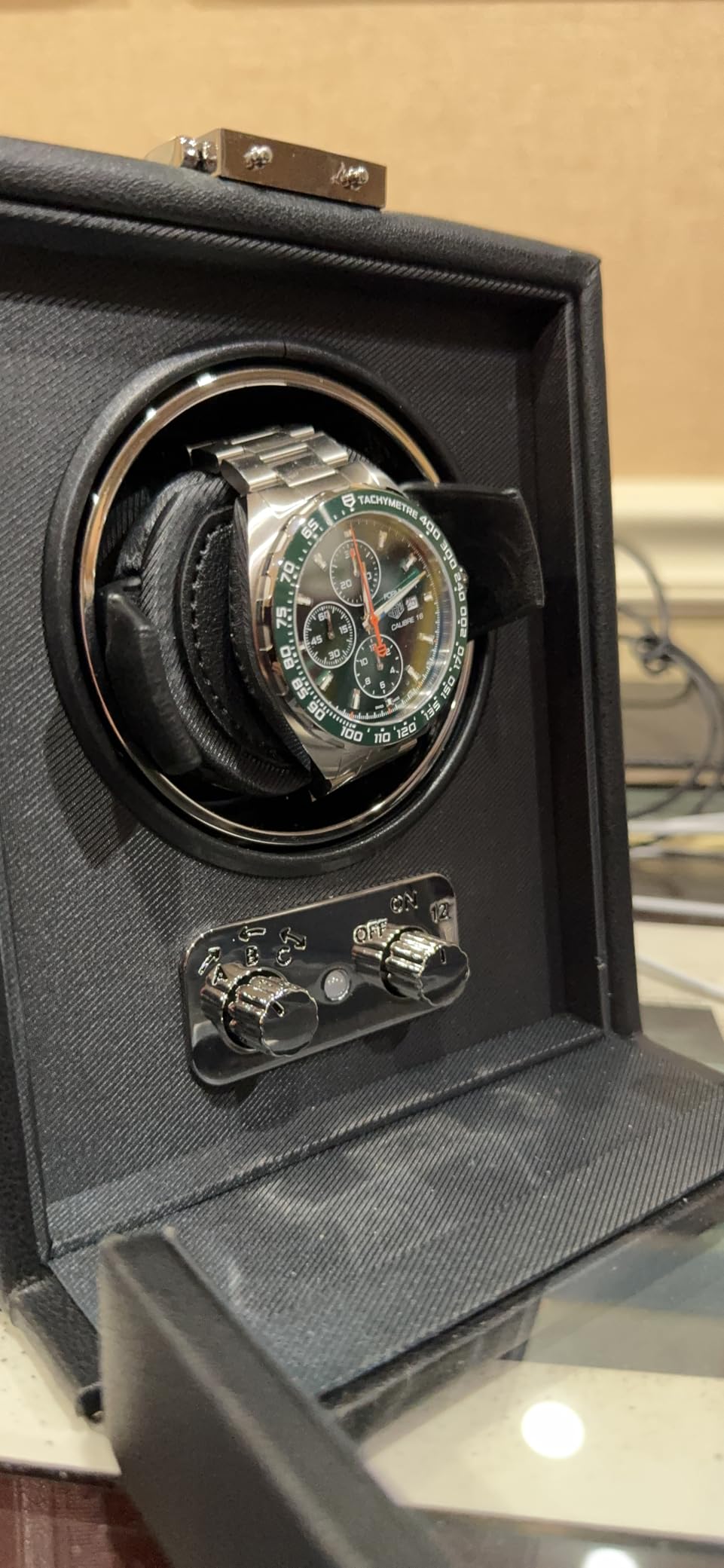 WOLF Heritage 8-Piece Winder with Glass Cover, Black - Secure Fit with Patented Lock-In Dynamic Cuff - For Bigger, Heavier Watches - Faux Leather - Includes Universal Adapter customer photo 1