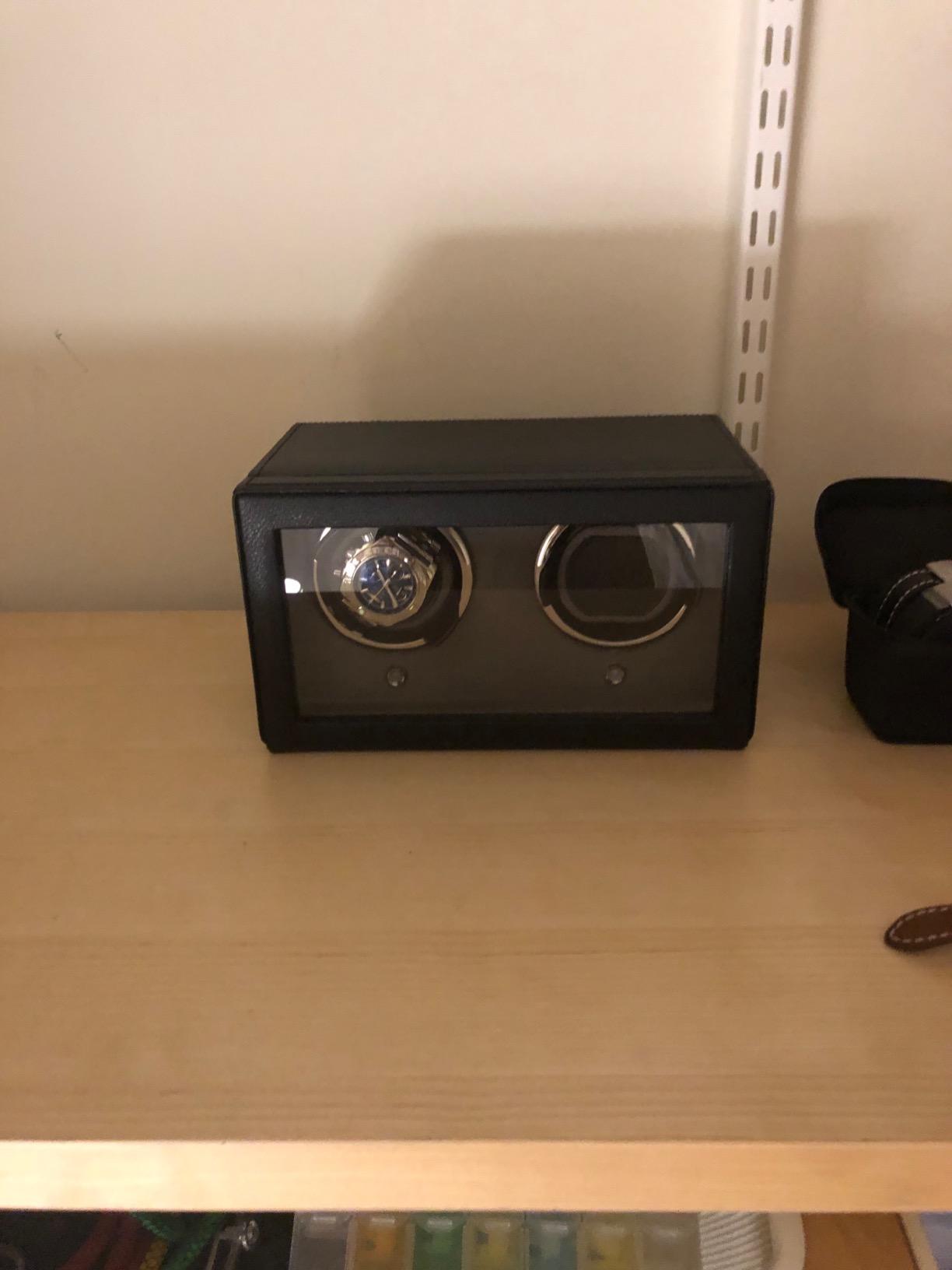 Wolf Cub Double Watch Winder with Glass Cover, Black - Secure Fit with Patented Lock-in Dynamic Cuff - Accommodates All Wrist Sizes - Vegan Leather - Includes Universal Adapter customer photo 1