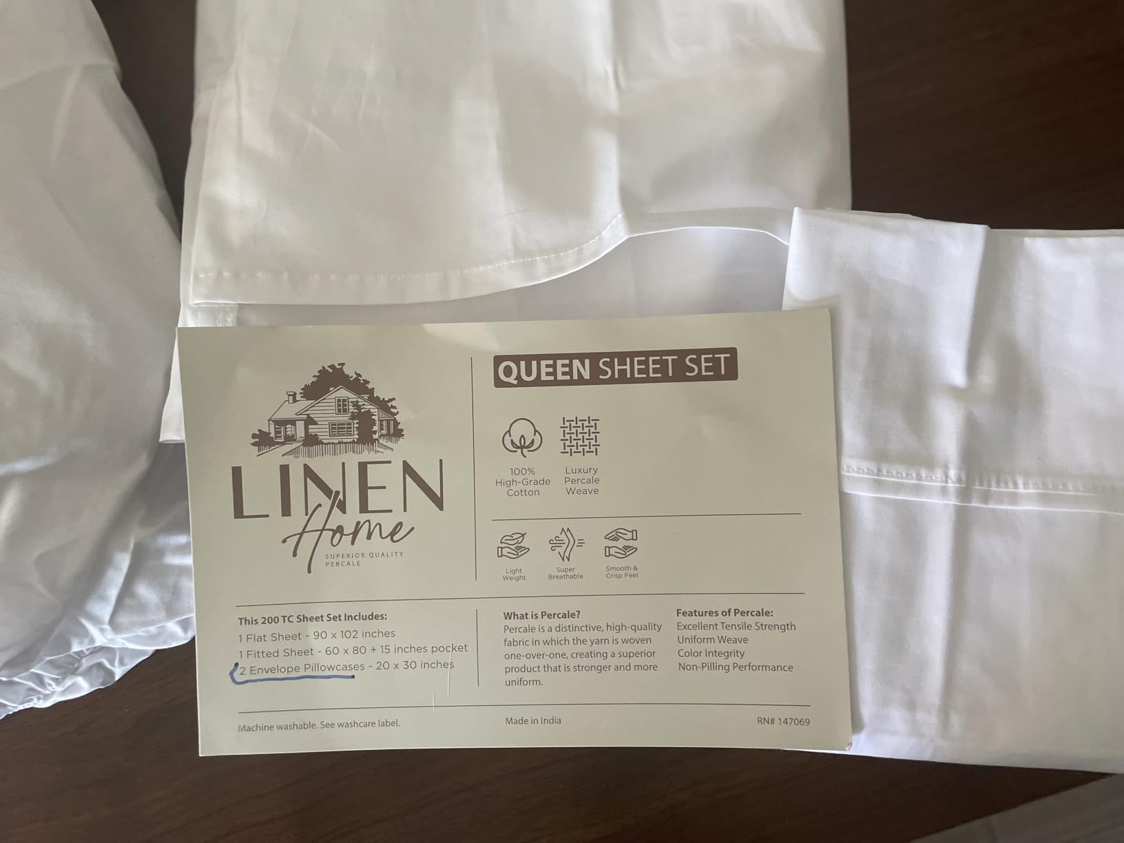 Linen Home 100% Cotton Percale Sheets Queen Size, White, Deep Pocket, 4 Pieces Set - 1 Flat, 1 Deep Pocket Fitted Sheet and 2 Pillowcases, Crisp Cool and Strong Bed Linen customer photo 2