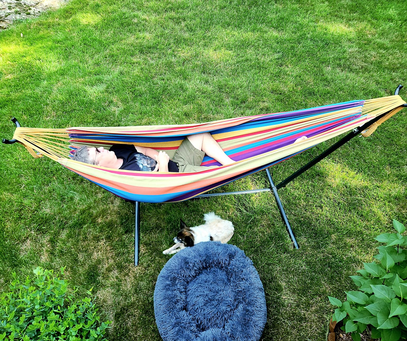 Vivere Double Cotton Hammock with Space Saving Steel Stand, Upgraded Polyester End Strings 450 lb Capacity - Premium Carry Bag Included - USA Grown Cotton (Blue Lagoon) customer photo 2