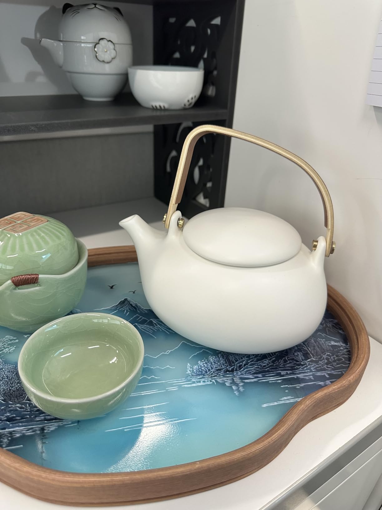 ZENS Modern Japanese Tea Set, 27 oz Ceramic Japanese Teapot with Fine Strainers and 4 Cups for Loose Leaf Tea Steeper, Wood Handle Matte Japanese Teapots customer photo 2