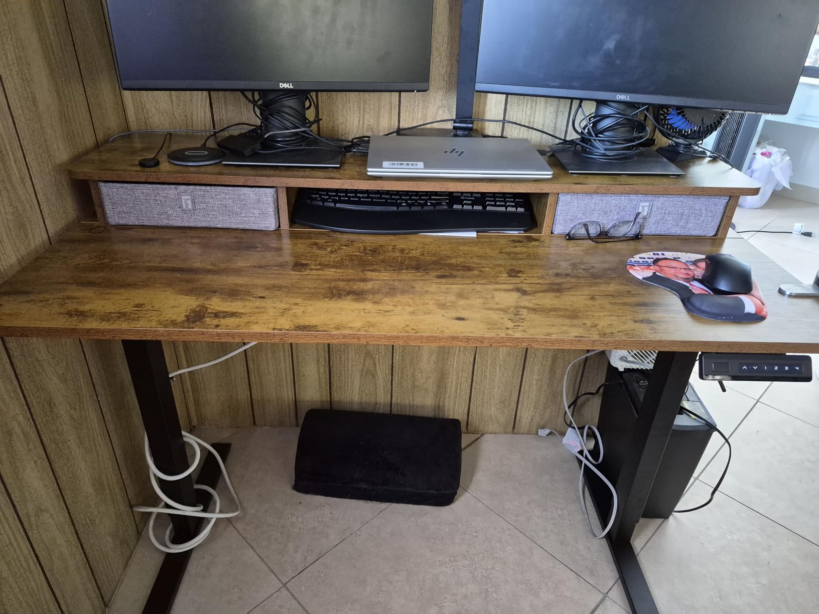 FEZIBO 48 x 24 Inch Height Adjustable Electric Standing Desk with Double Drawer, Stand Up Table with Storage Shelf, Sit Stand Desk, Rustic Brown customer photo 2