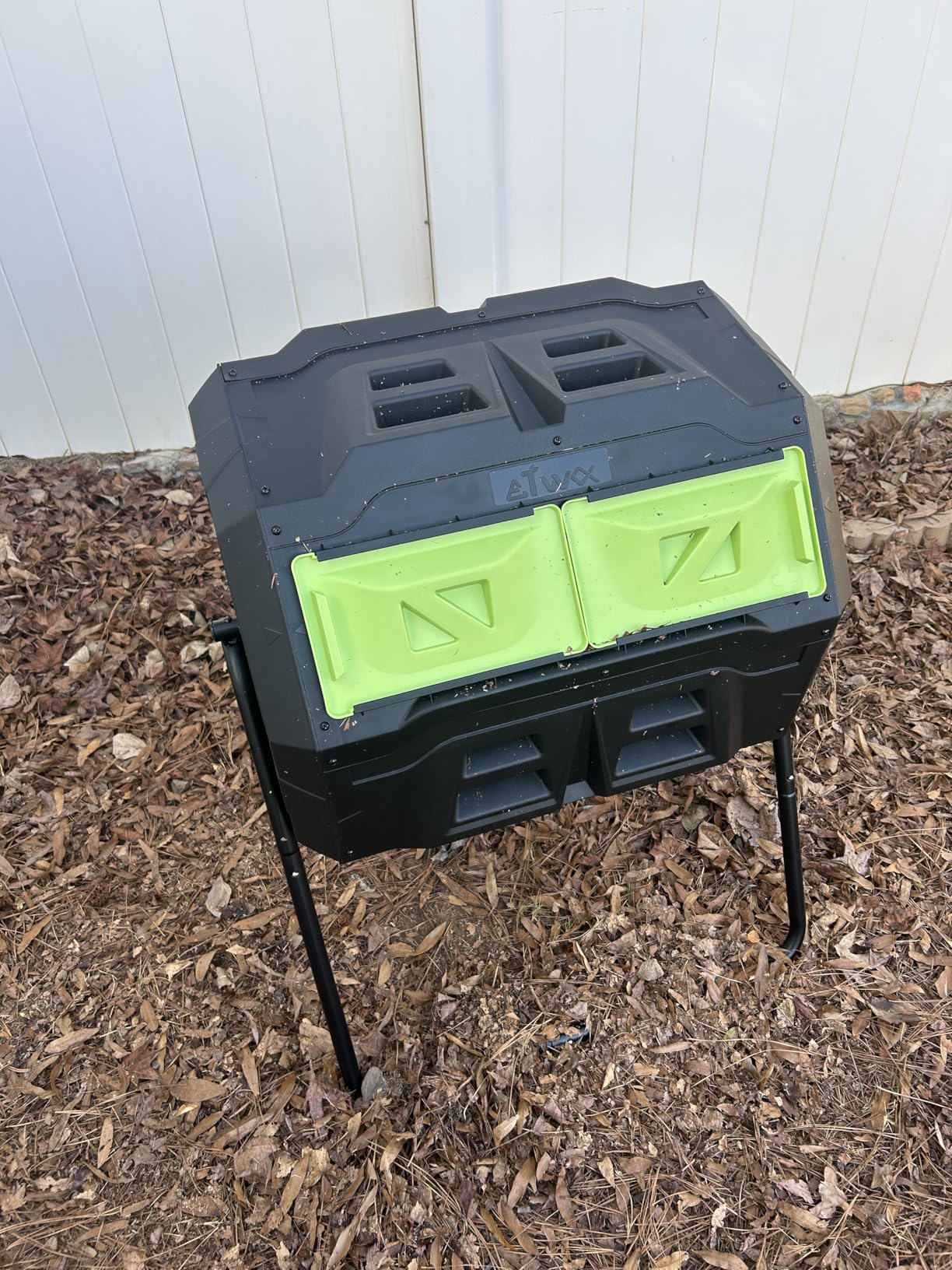 43 Gallon Dual Chamber Tumbling Composter with Integrated Thermometer, Rotatable Outdoor Compost Bin, Black customer photo 1