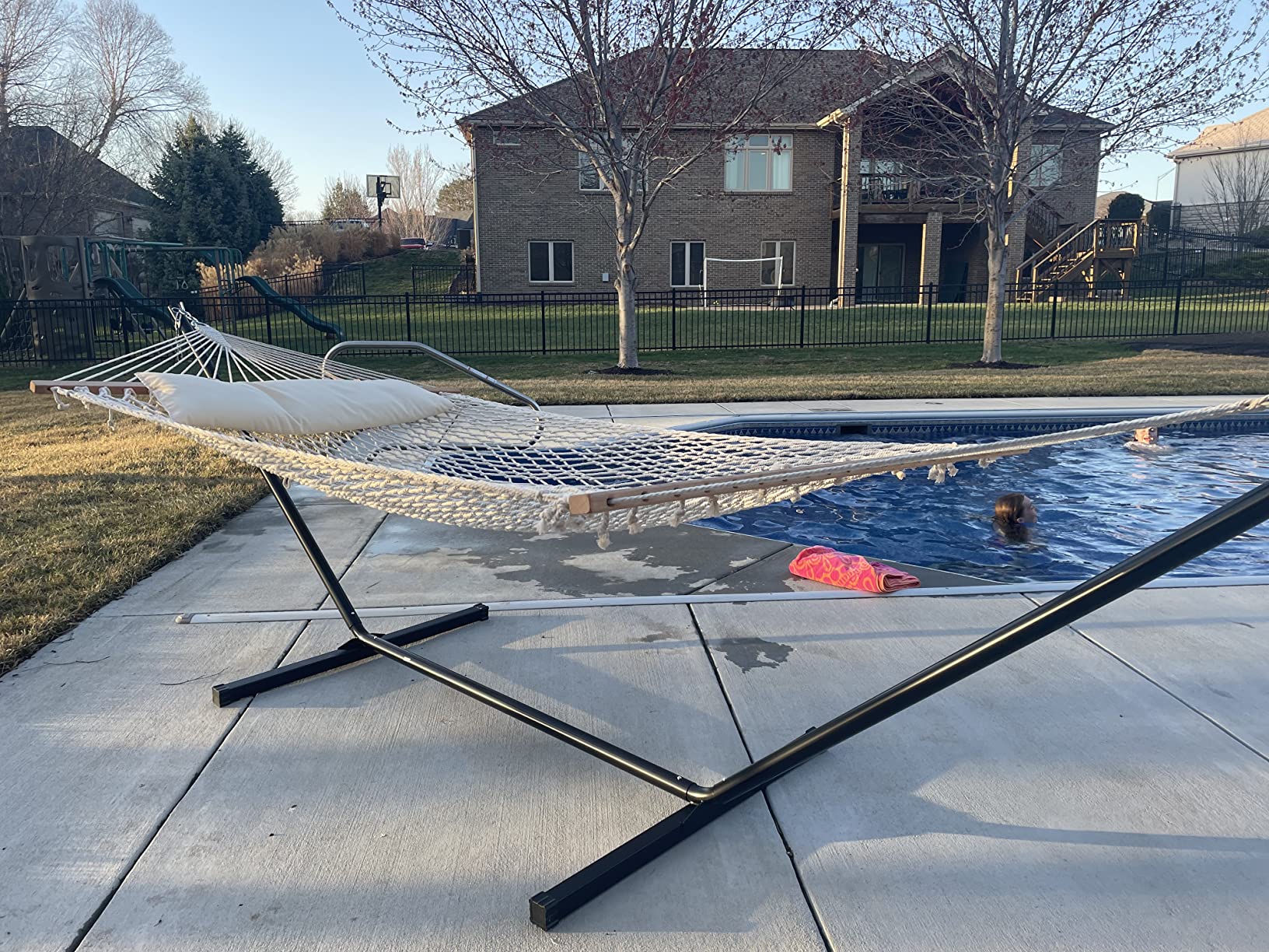 SUNCREAT Double Outdoor Hammock with Stand, Carrying Bag, Two Person Cotton Rope Hammock with Polyester Pad, Dark Gray customer photo 1