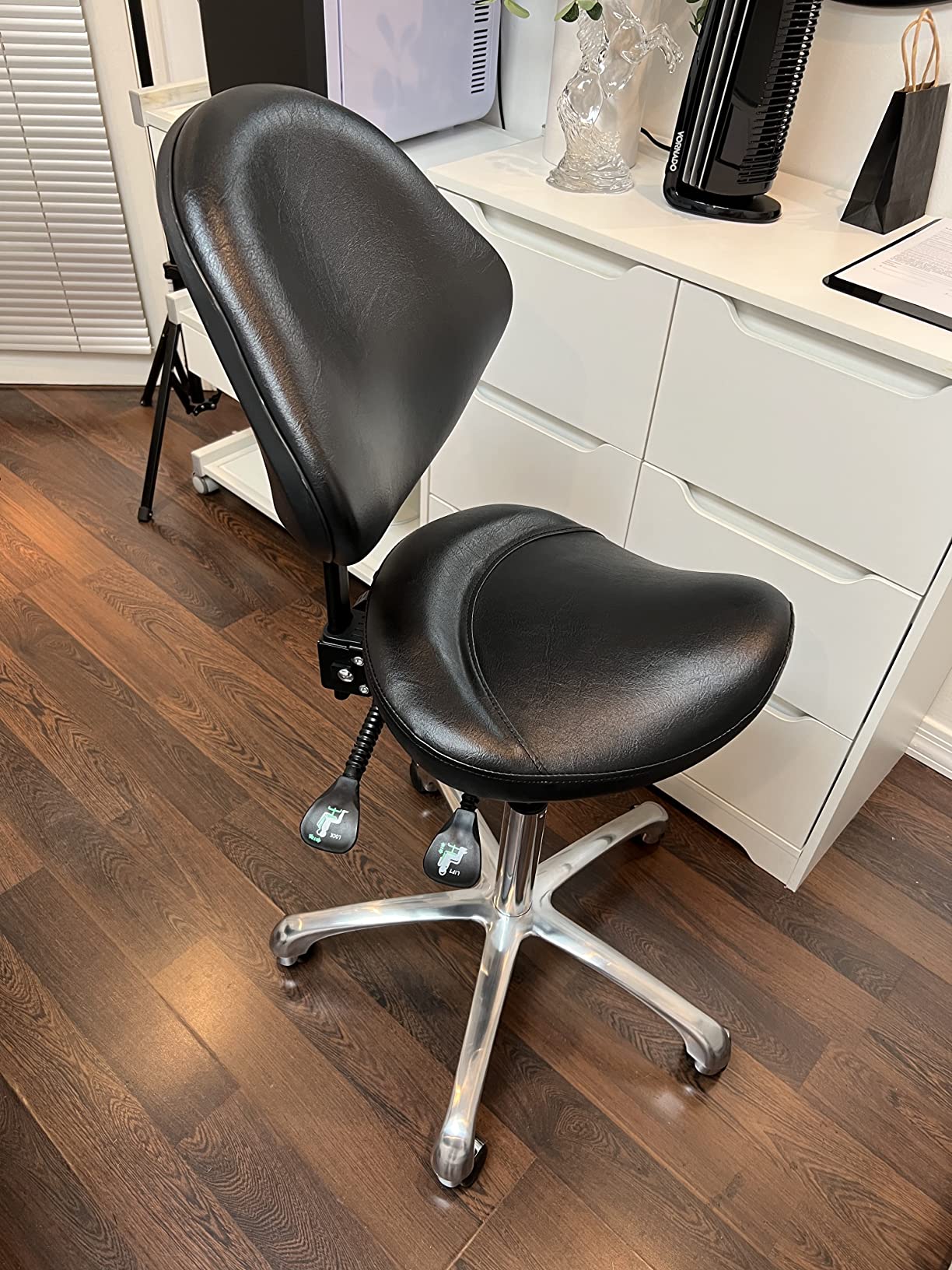 Kaleurrier Ergonomic Rolling Swivel Saddle Stool with Wheels,Pneumatic Lifting Height Adjustable Drafting Chair for Clinic Hair Salon Massage Lab Home Office (Black,with Back Rest & Footrest) customer photo 2