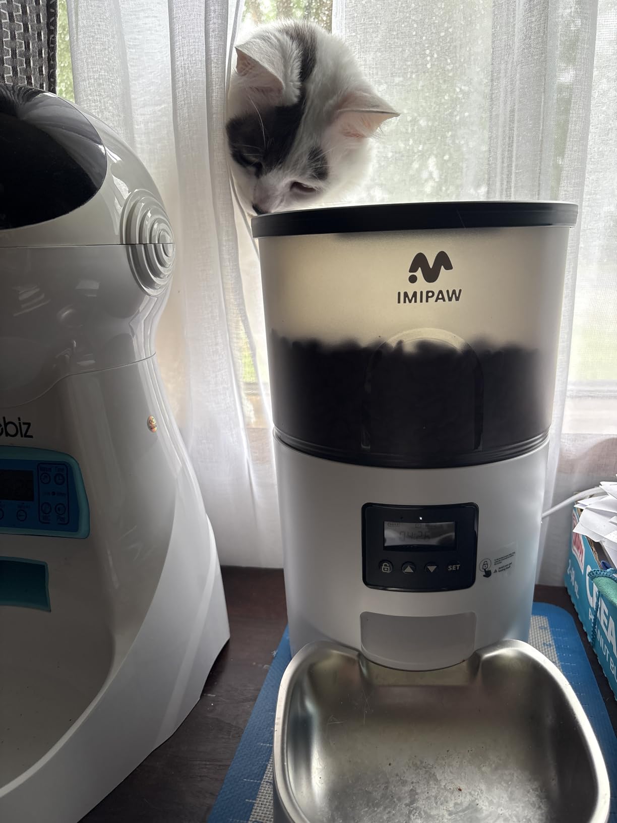IMIPAW Automatic Cat Feeders, Timed Cat Dry Food Dispenser with Desiccant Bag, Dual Power Supply, Programmable Portion Size, 6 Meals, 20 Portions Per Day, Auto Pet Feeder for Cats and Small Dog, White customer photo 1
