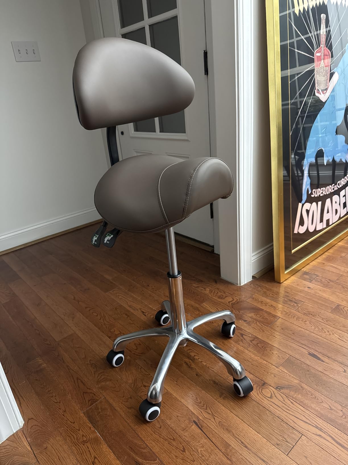 Kaleurrier Saddle Stool Rolling Swivel Height Adjustable with Wheels, Heavy Duty Anti-Fatigue Ergonomic Saddle Chair for Hair Beauty Salon Lab Dental Massage Office Home Kitchen (with Back, Coffee) customer photo 1