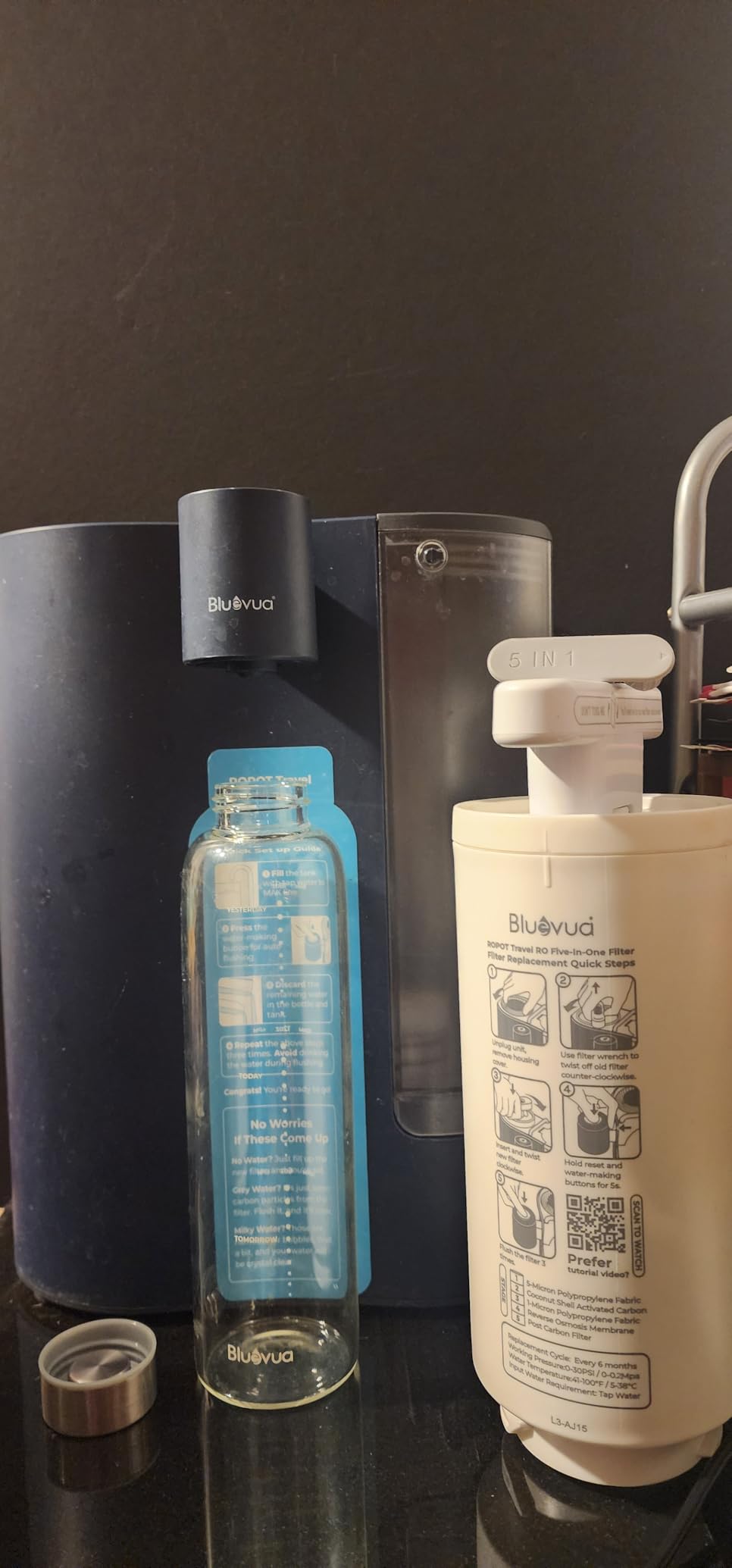 Bluevua RO100ROPOT-Travel Reverse Osmosis System Countertop Water Filter, Compact 6-Stage Filtration with UV, Includes Glass Bottle, Portable Water Purifier for Home & Travel, White customer photo 1