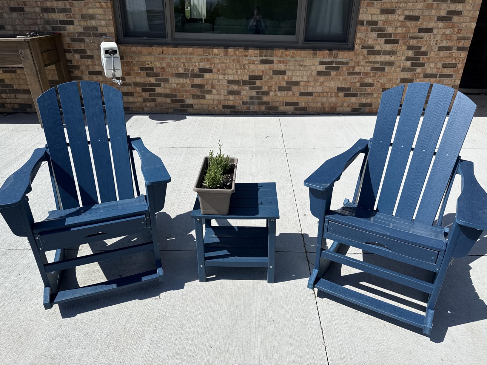 KINGYES Adirondack Rocking Chair Set of 2 with Retractable Ottoman and Cup Holders, HDPE Adirondack Rocker Patio Rocking Chair for Porch, Patio, Balcony, Deep Blue customer photo 1