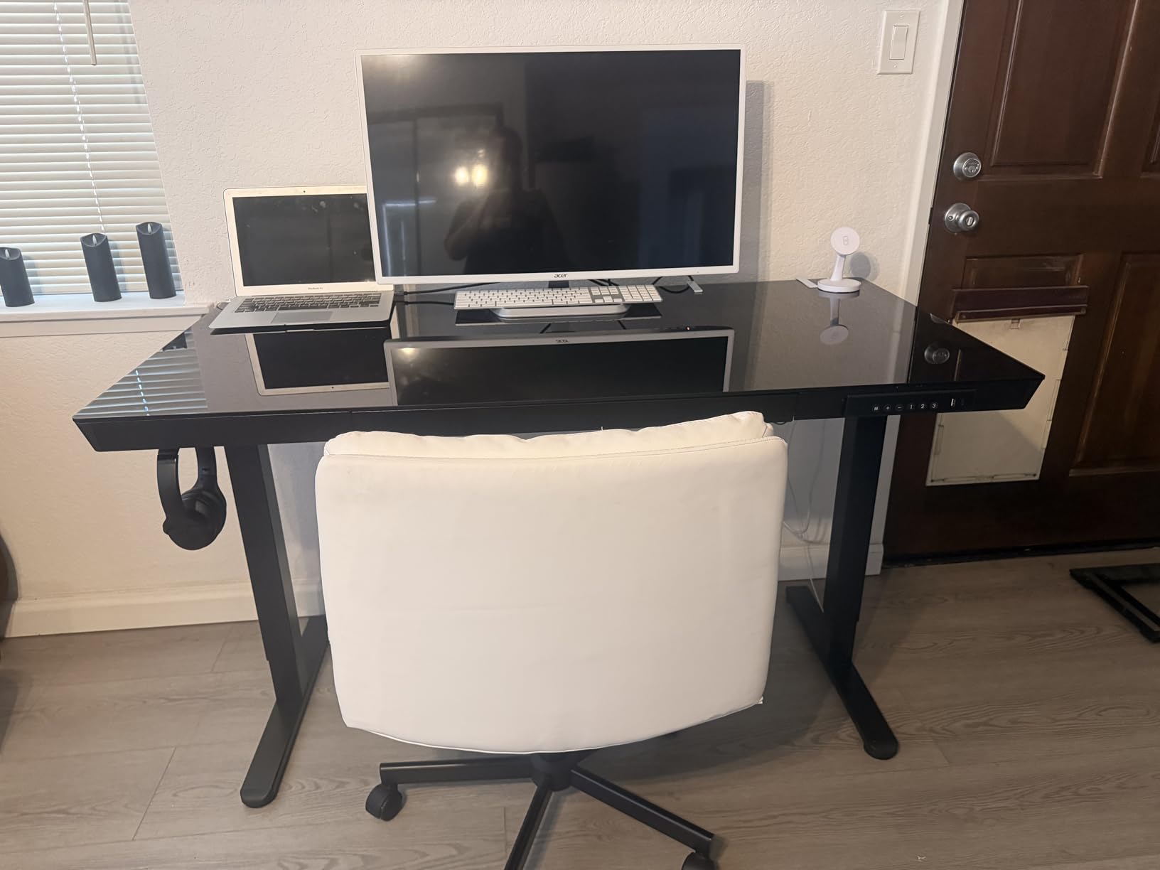 Marsail Glass Standing Desk with Drawer, 55 x 28 inch Electric Standing Desk, Adjustable Height Desk with Storage & USB Charging Ports, One-Piece Standing Desk for Home & Office, White customer photo 2