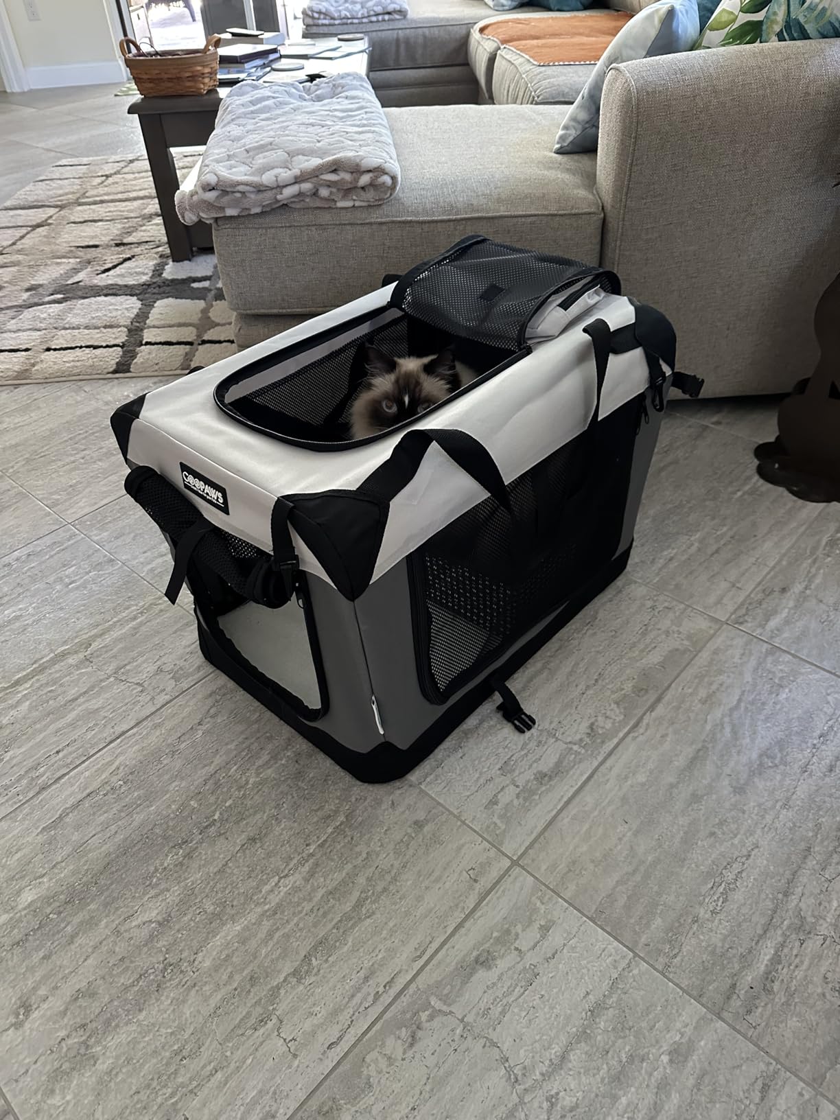 JESPET Soft Dog Crates Kennel for Pets, 3 Door Soft Sided Folding Travel Pet Carrier with Straps and Fleece Mat for Dogs, Cats (7-Light Grey, Small 24