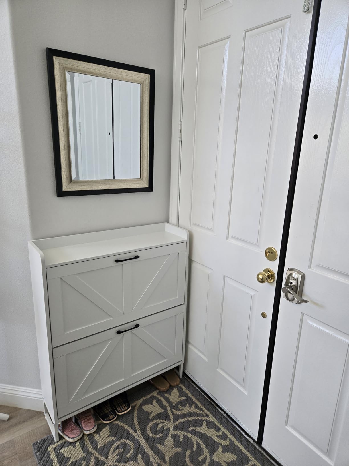 MU Shoe Storage Cabinet with 4 Flip Drawers, Freestanding Shoe Cabinet, Shoe Organizer with Wood Legs for Entryway, Slim Shoe Cabinet, Rustic customer photo 2