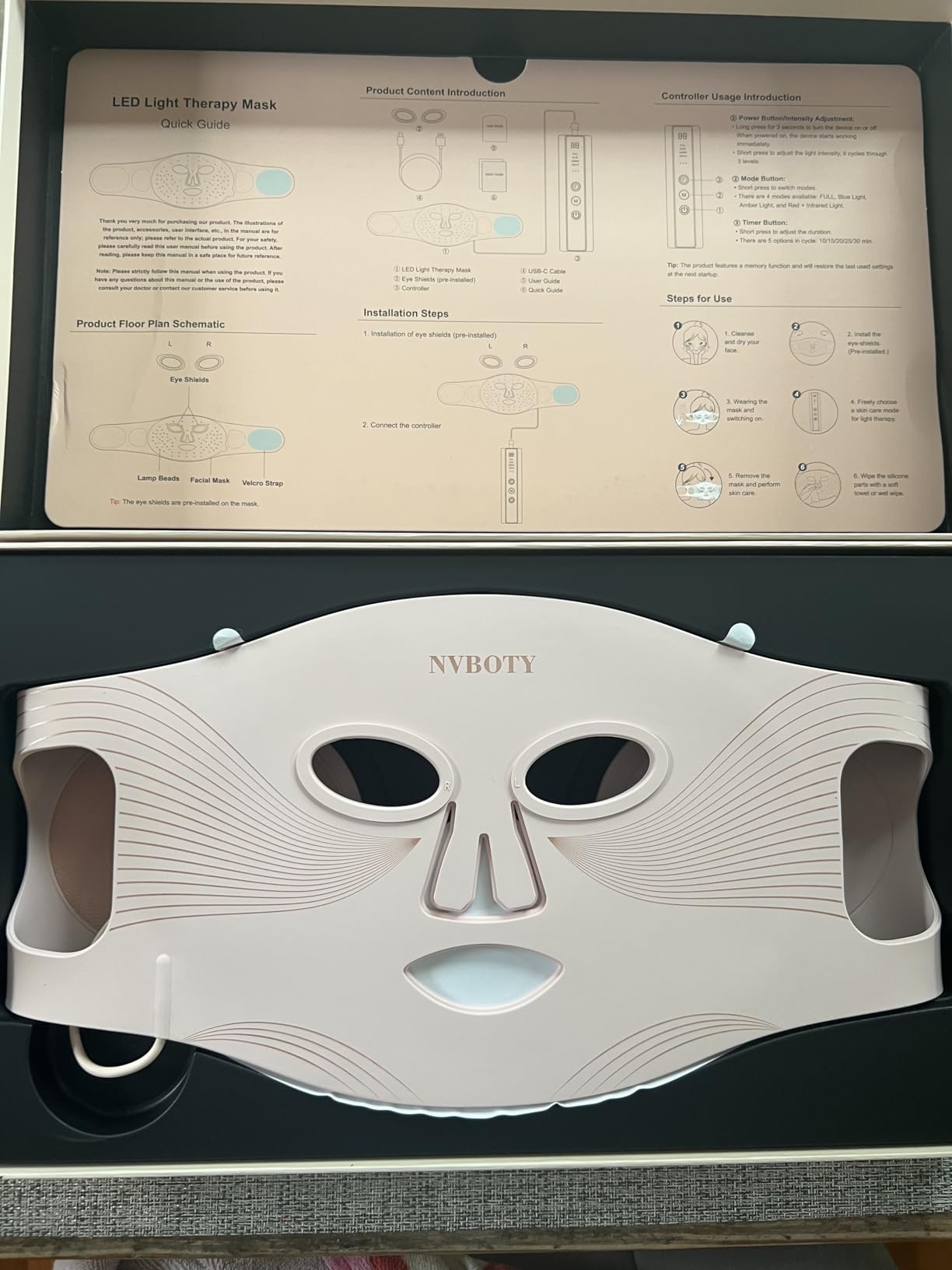 NVBOTY LED Face Mask Light Therapy, 4 Modes Portable Red Light Therapy for Face, 2000mAh Rechargeable Remote, Blue, Orange, 850NM Infrared & Red Light Mask, 400 LEDs, Timing Function, at Home & Travel customer photo 2