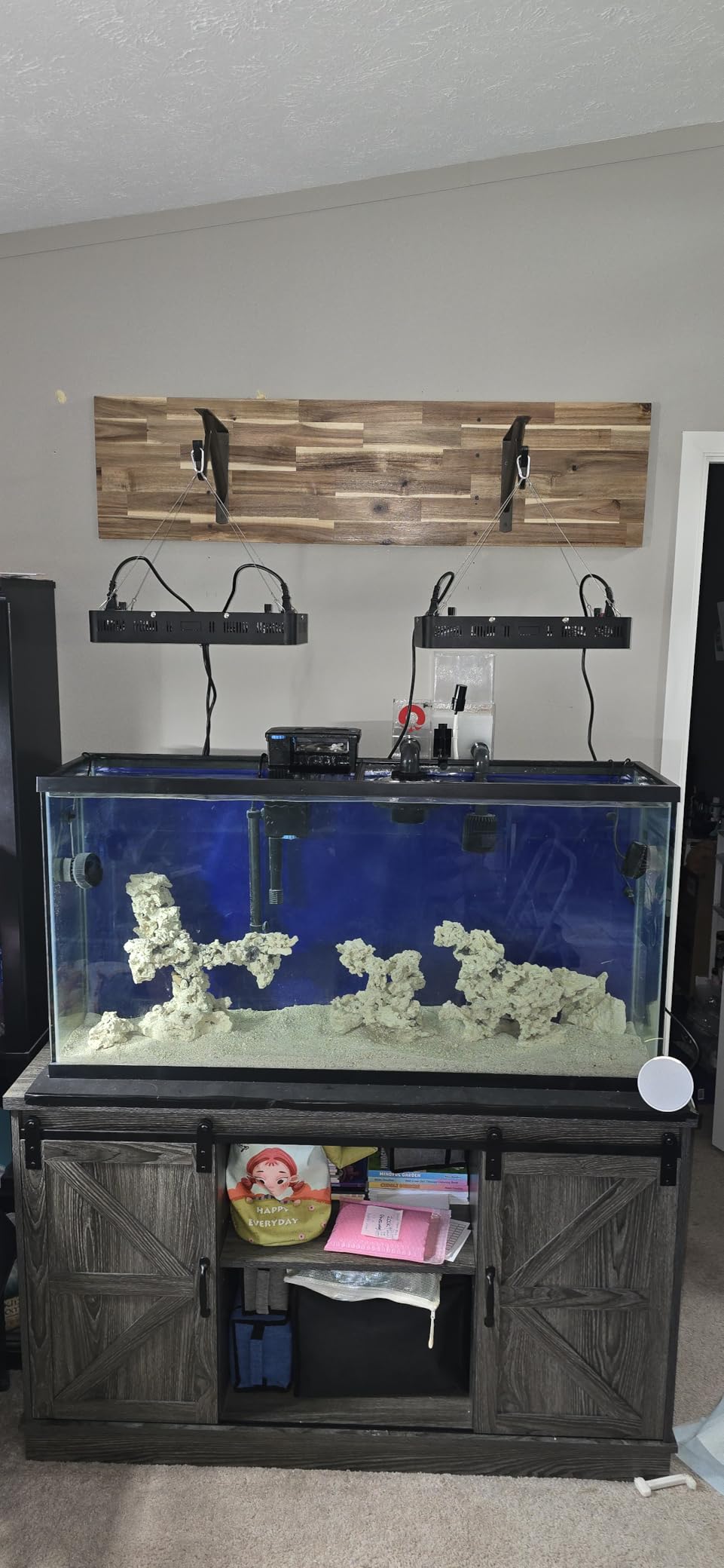 Hlivelood Farmhouse 55-75 Gallon Fish Tank Stand with Power Outlet, Aquarium Stand w/Cabinet & Sliding Barn Door, Heavy Duty Reptile Tank Stand for Fish/Turtle/Reptile Terrarium, 1000LB Capacity, Grey customer photo 2