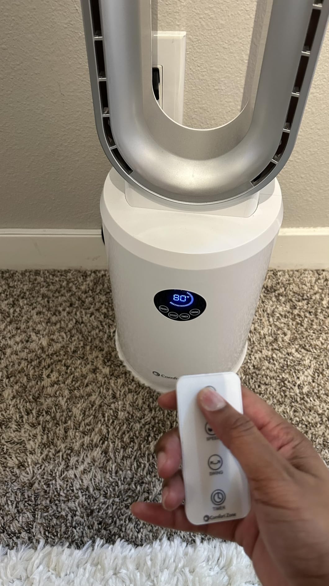Comfort Zone 40-Inch Bladeless Tower Fan for Bedroom - Quiet Standing Fan with Remote Control, 9H Timer & Wide Area Oscillation - Turbocharged Airflow & Digital LED Display - Silver customer photo 2