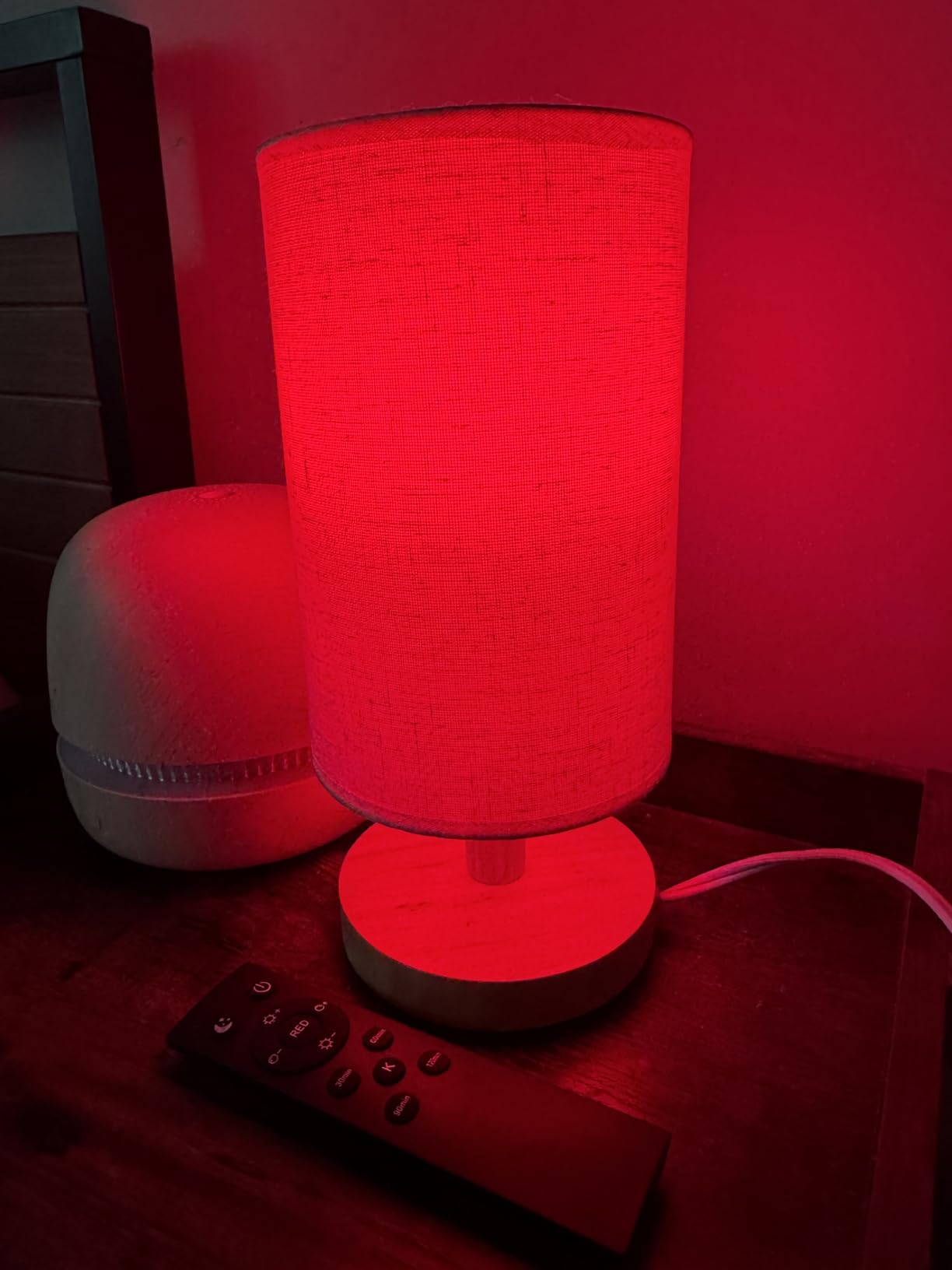 Red Light Lamp for Bedroom, Nightstand Lamp with 670nm Red & 3000-6500K White Light, Remote Control, Timer, Night Light, Dimmable LED Bedside Table Lamp with Memory Function, Wood Base & Fabric Shade customer photo 2