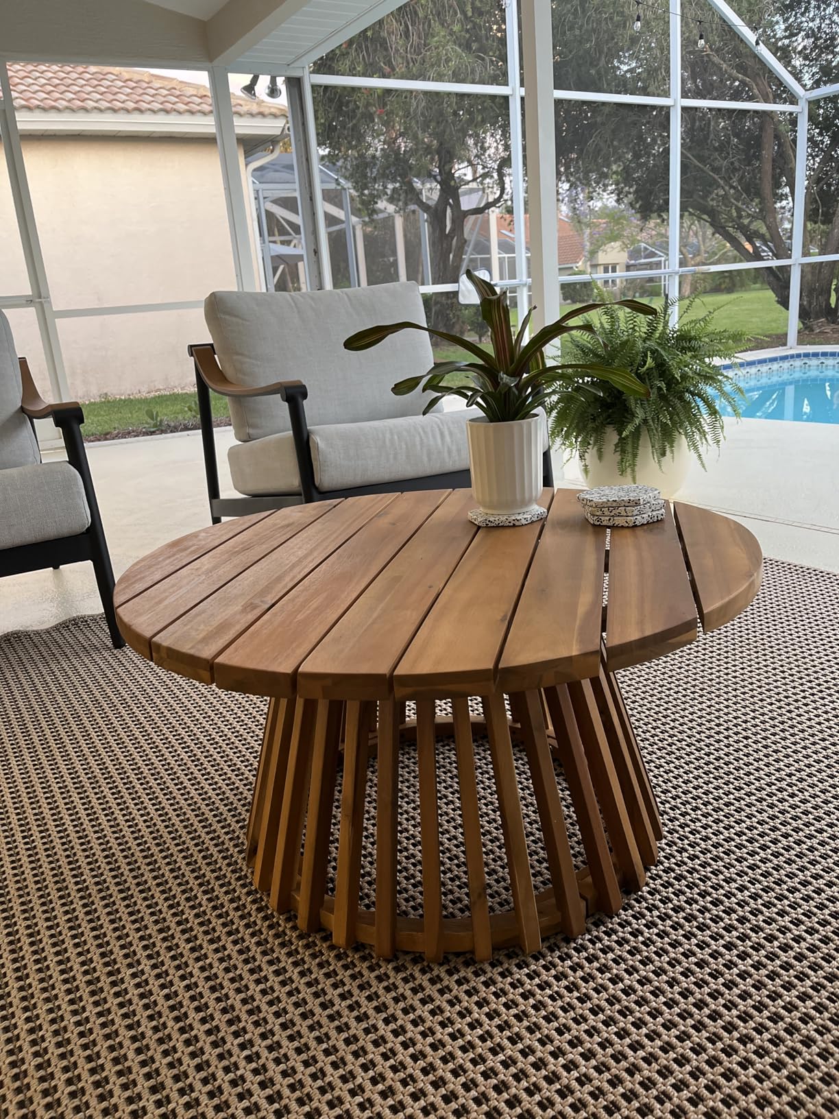 Merax Outdoor 4-Piece Acacia Wood Conversation Set - Patio 3-Seat Loveseat Sofa w/Cushion, 2 Armchair and Round Coffee Table for Backyard, Lawn, Balcony, Teak + Beige customer photo 1