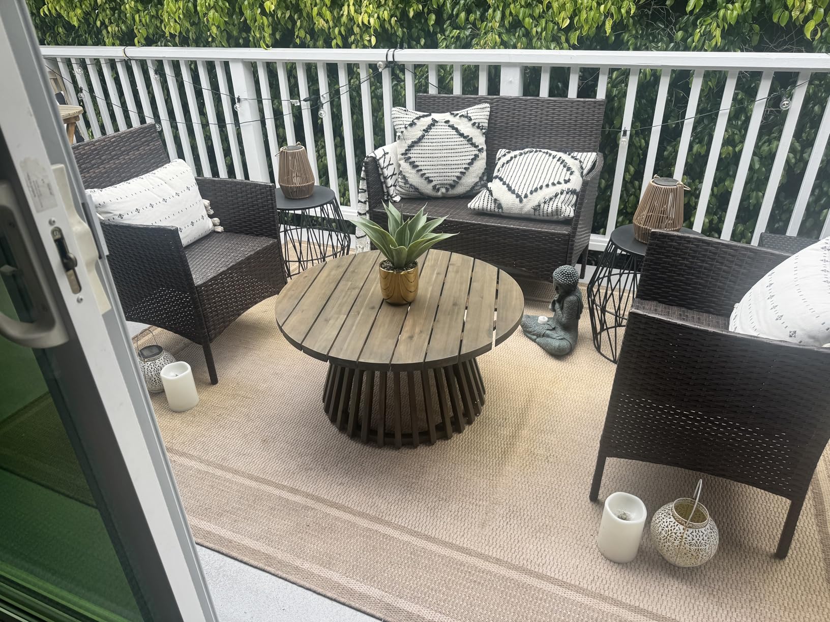 Merax Outdoor 4-Piece Acacia Wood Conversation Set - Patio 3-Seat Loveseat Sofa w/Cushion, 2 Armchair and Round Coffee Table for Backyard, Lawn, Balcony, Teak + Beige customer photo 2