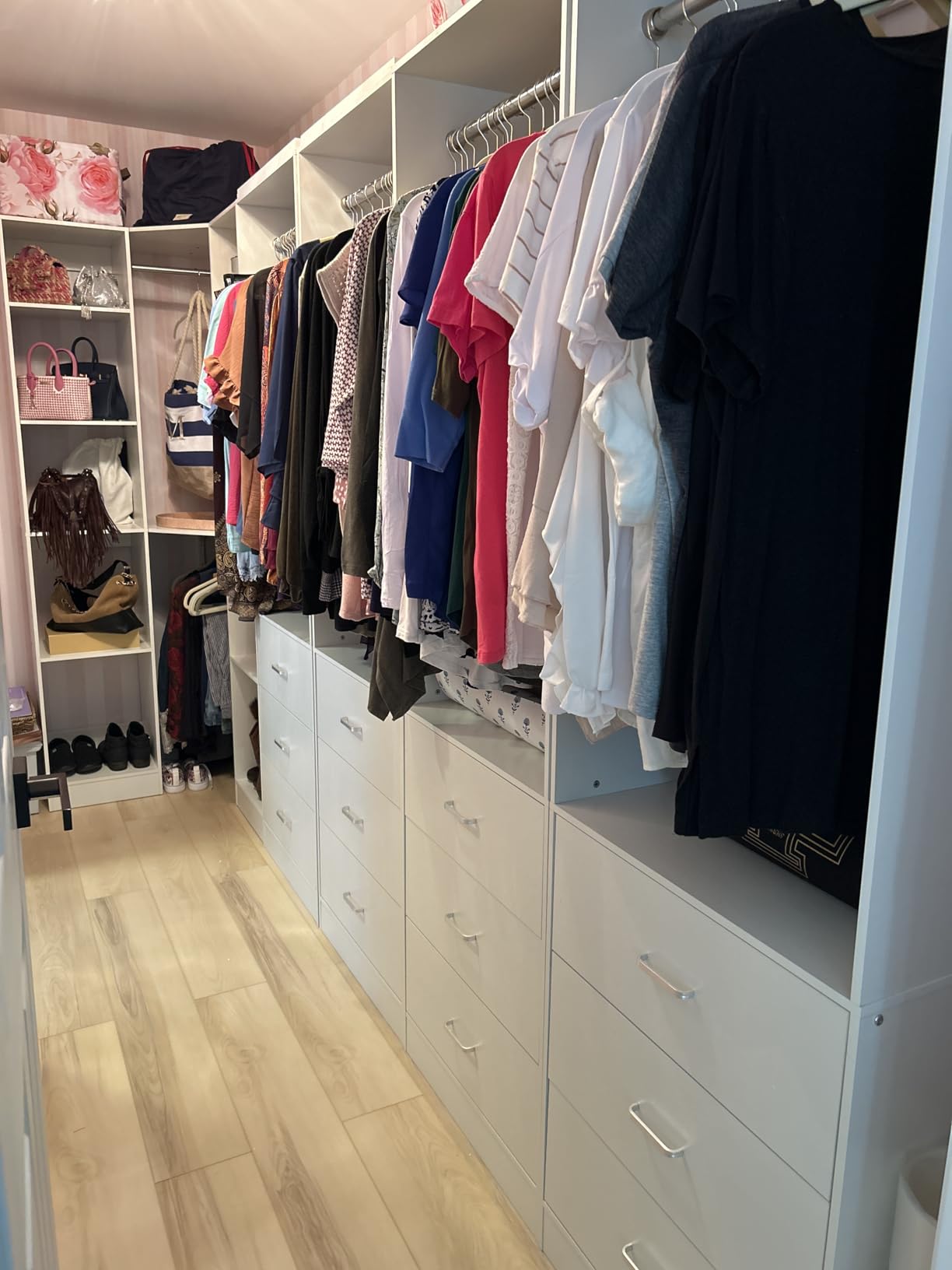 Besiost Corner Closet System with 6 Drawers, Closet Organizer System with 14 Shelves & 4 Hanging Rods, 87.2