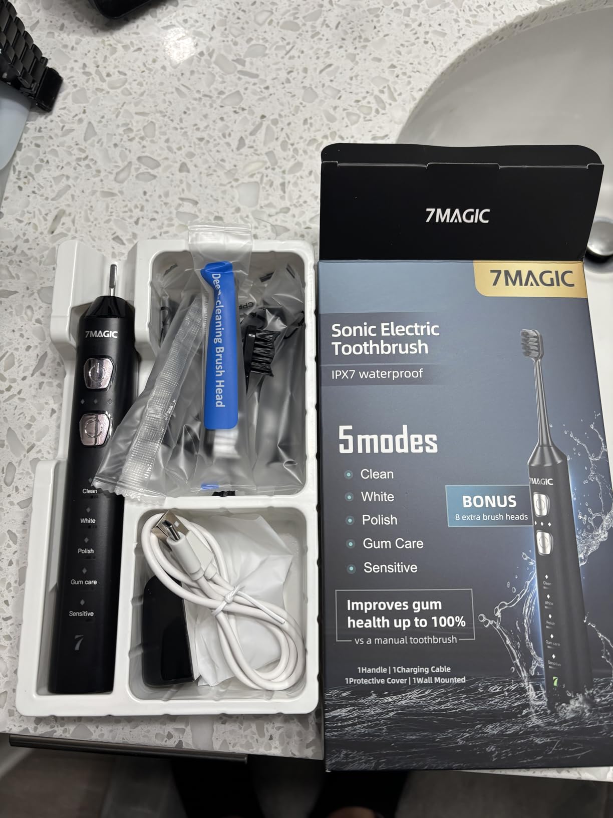 7MAGIC Sonic Electric Toothbrush for Adults and Kids - Up to 180 Days Runtime, 42000 VPM Powered Toothbrush, 5 Modes & 3 Intensities for Sensitive Teeth & Braces, Includes 8 Brush Heads, Black customer photo 1