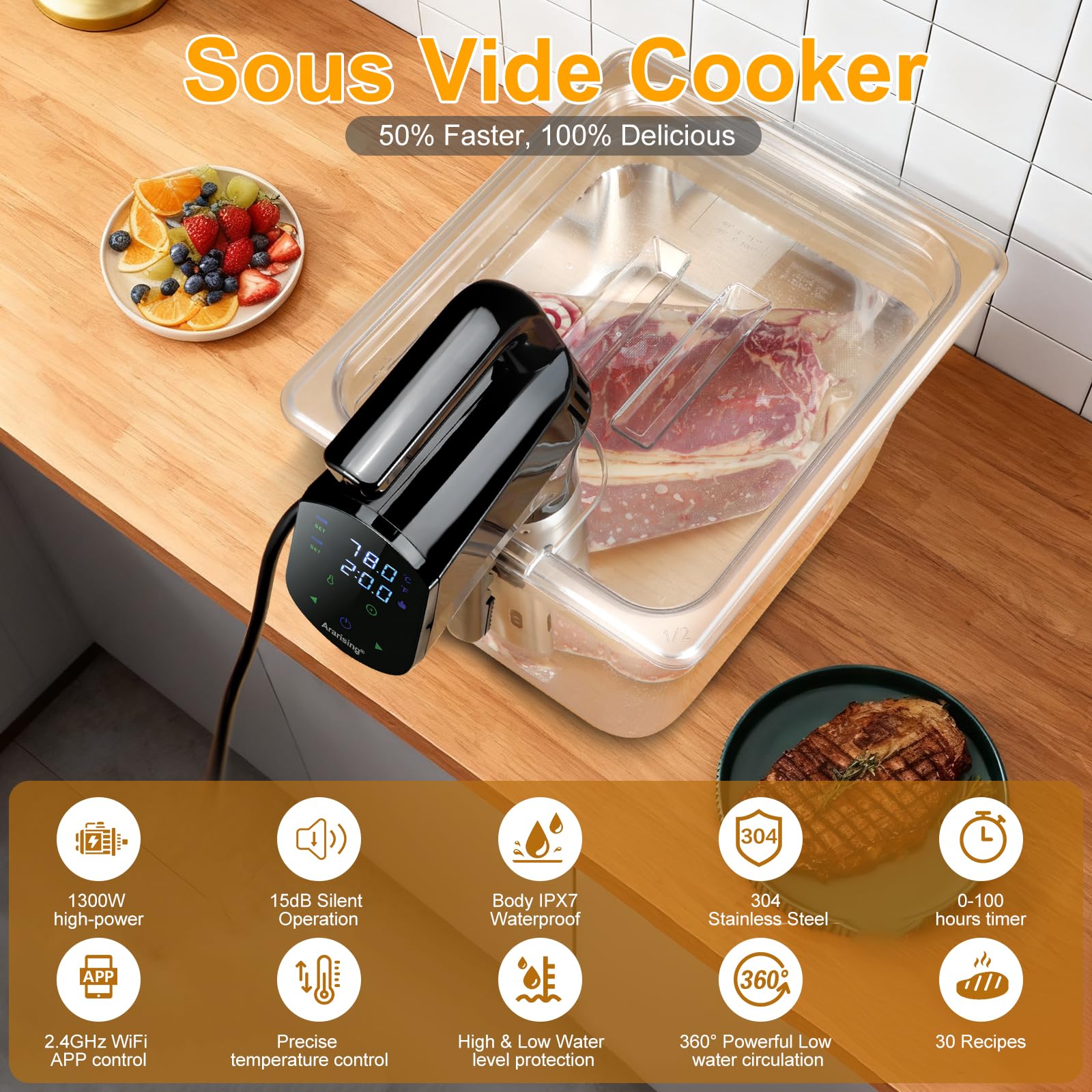 Sous Vide Cooker 2.4G WIFI, Sous Vide Machine with 30 Preset Recipes on APP & Calibration Function, 1300W Ultra-Quiet Immersion Circulator, Accurate Temperature and Time, Fast-Heating with Timer customer photo 2