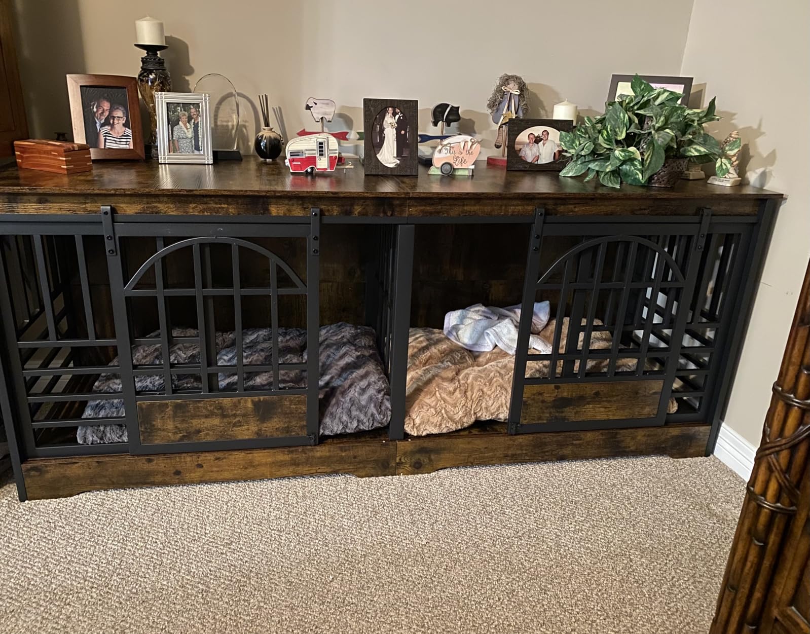 COZPAW 78 Inch Double Dog Crate Furniture, Extra Large Dog Kennel Indoor for 2 Dogs, Heavy Duty Dog Cage with Divider, Wooden Dog House Decorative Table TV Stand for XLarge Dogs (Cognac Brown) customer photo 1