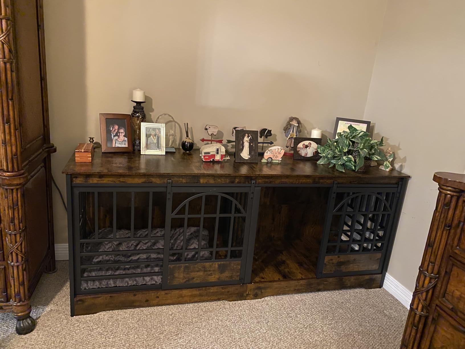 COZPAW 78 Inch Double Dog Crate Furniture, Extra Large Dog Kennel Indoor for 2 Dogs, Heavy Duty Dog Cage with Divider, Wooden Dog House Decorative Table TV Stand for XLarge Dogs (Cognac Brown) customer photo 2