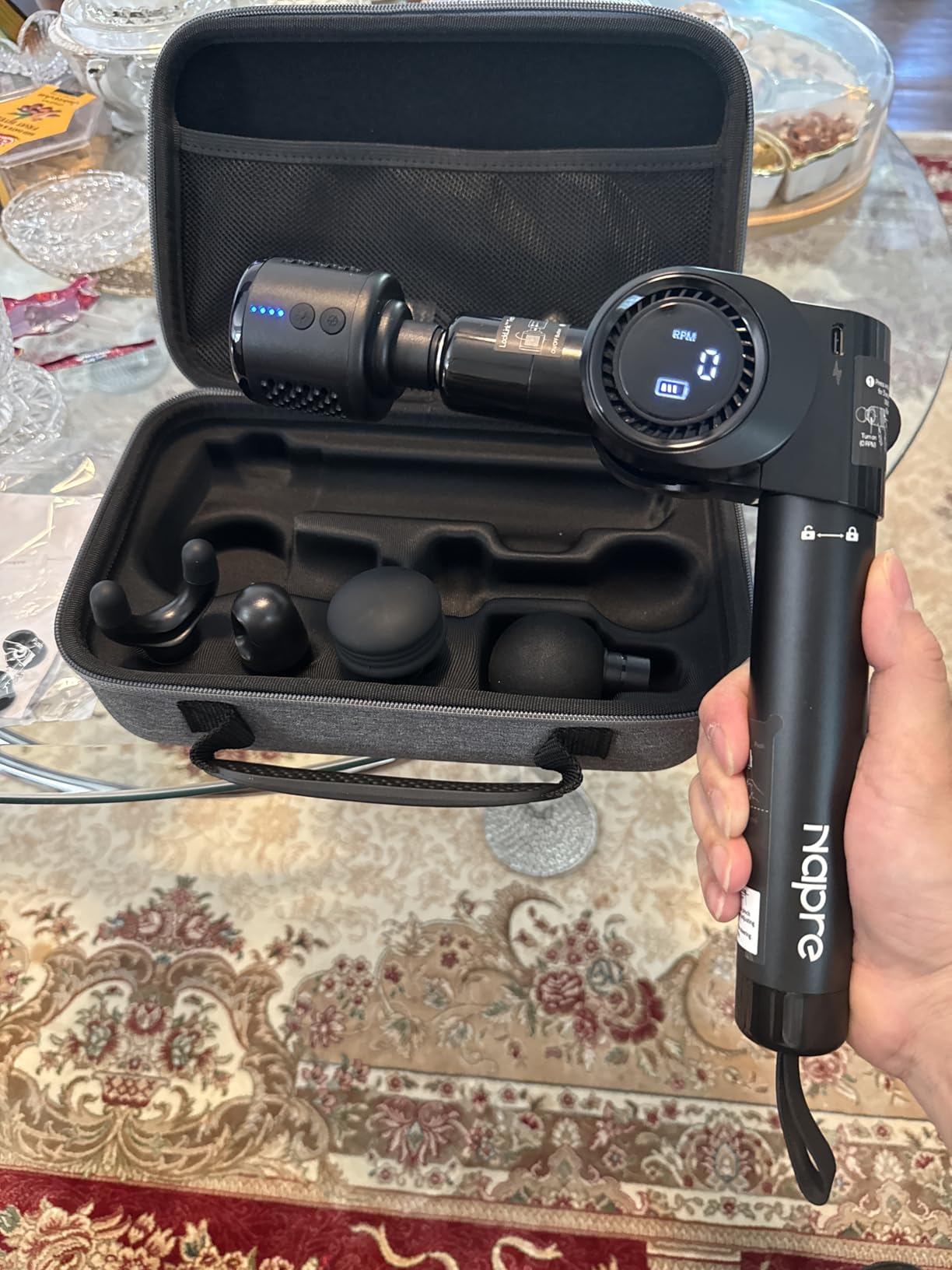 NAPRE Foldable Massage Gun with Extension Handle & 5 Adjustable Angles, Deep Tissue Back Massage for Neck/Body Pain Relief, Handheld Percussion Muscle Massager, 32 Speeds, 6 Heads & Silent, with Case customer photo 1