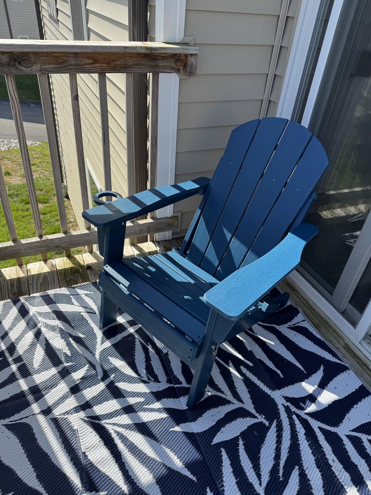 GarveeLife Folding Adirondack Chair Set of 2 with Side Table, All-Weather HDPE Outdoor Chair, Wooden Textured with Cup Holder for patios, Decks, Gardens, fire pits, Navy Blue customer photo 2