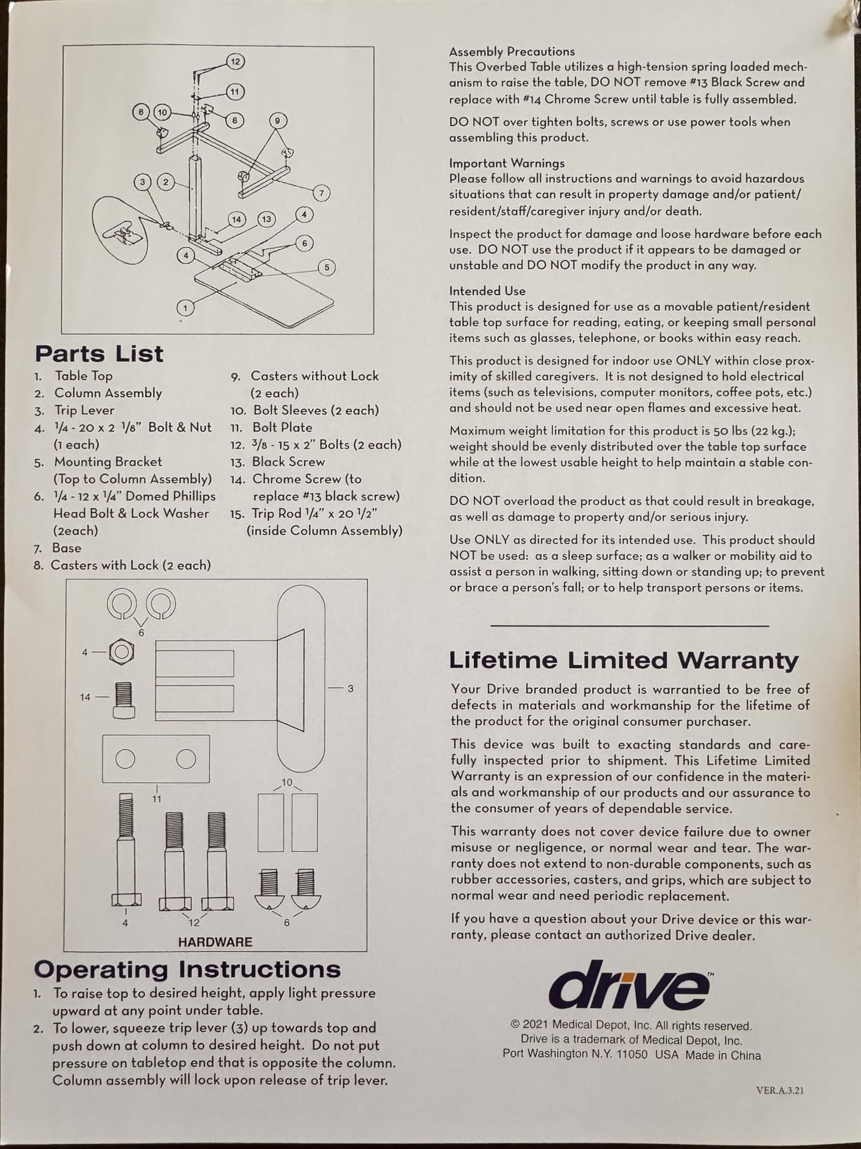 Drive Medical Overbed Table with Wheels - Secure Height Adjustment for Comfort - Non Tilt Surface - Smooth Rolling Design - Home & Hospital Use - Woodgrain Laminate Top - Silver Vein customer photo 1