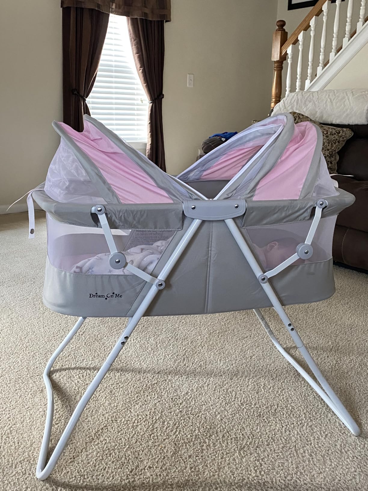 Dream On Me Karley Portable Newborn Bassinet with Double Mesh Canopy, Foldable Travel Bassinet with Storage Basket, Lightweight, Indoor Outdoor Use, Blue/Grey customer photo 1
