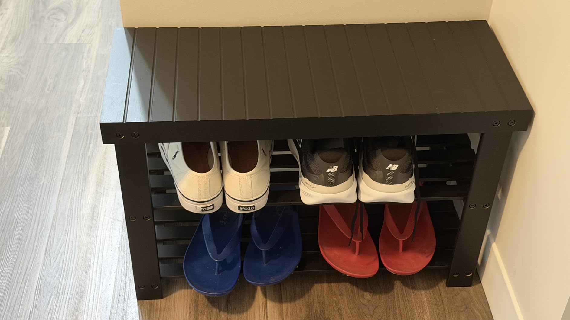 SONGMICS Shoe Rack Bench, 3-Tier Bamboo Shoe Storage Organizer, Entryway Bench, Holds Up to 286 lb, 11.3 x 27.6 x 17.8 Inches, for Entryway Bathroom Bedroom, Ink Black ULBS04H customer photo 1