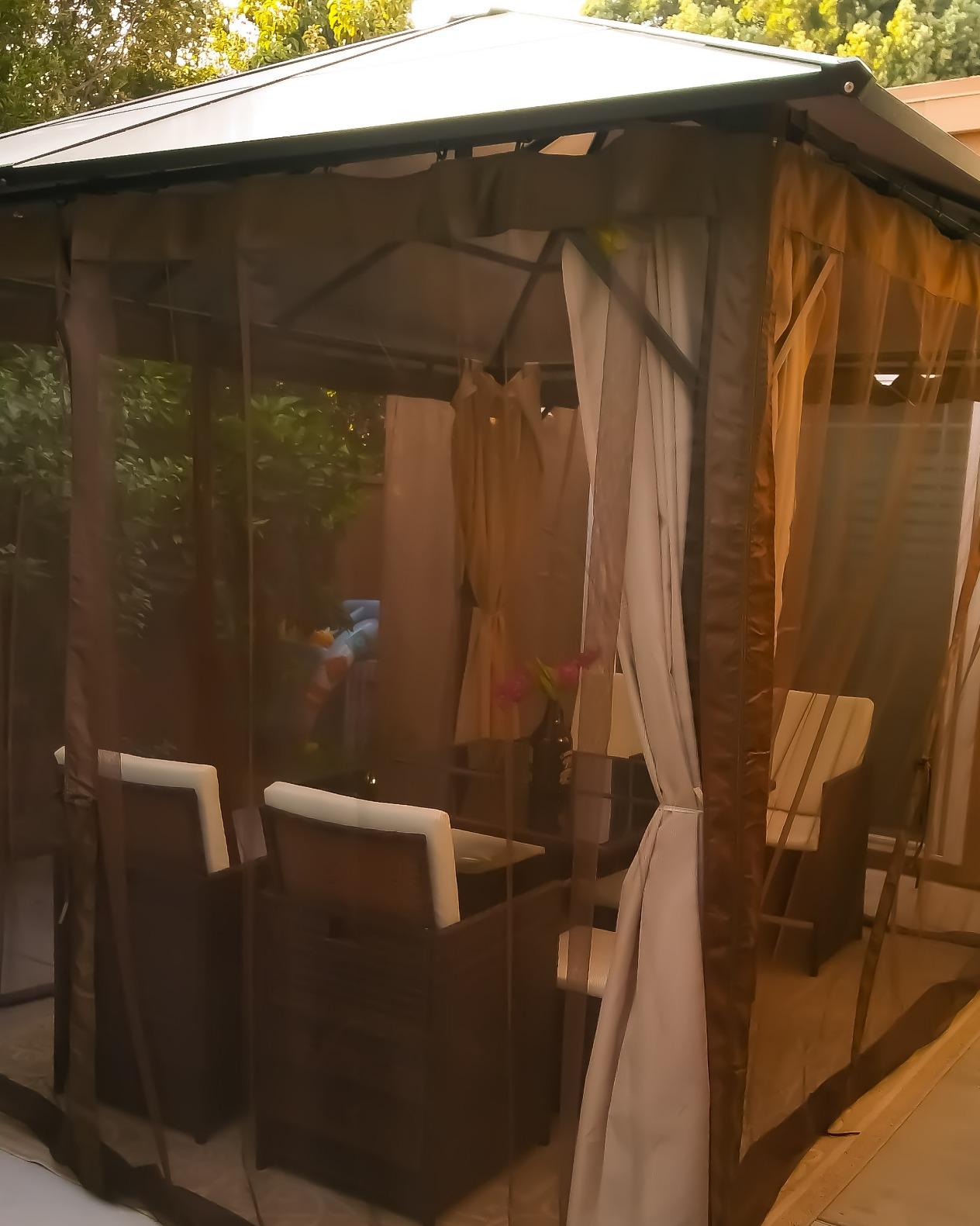 10' x 12' Hardtop Gazebo Canopy with Polycarbonate Roof, Aluminum Frame, Permanent Pavilion Outdoor Gazebo with Curtains for Patio, Garden, Backyard, Deck, Lawn, Dark Brown, Off-White customer photo 1