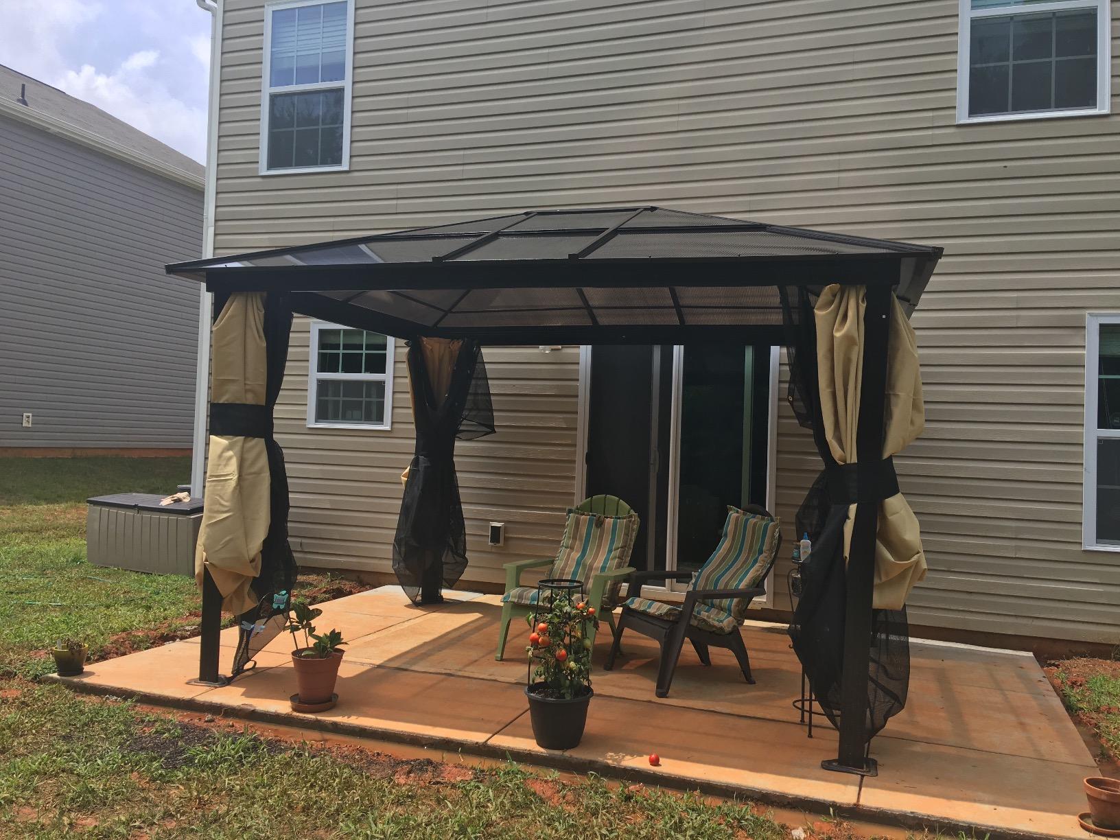 10' x 12' Hardtop Gazebo Canopy with Polycarbonate Roof, Aluminum Frame, Permanent Pavilion Outdoor Gazebo with Curtains for Patio, Garden, Backyard, Deck, Lawn, Dark Brown, Off-White customer photo 2