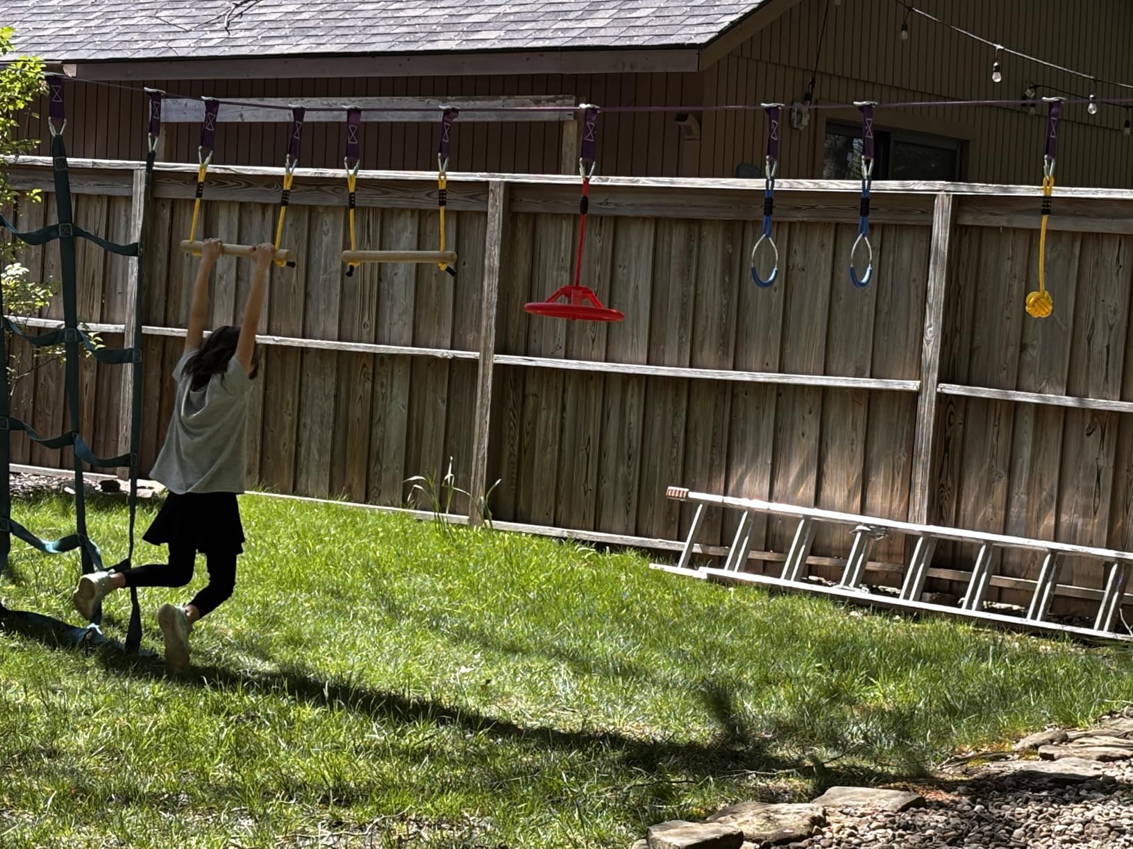 Trailblaze Ninja Warrior Obstacle Course for Kids - Ultimate Outdoor Fun 2x55 Ft Ninja Slackline Climbing Net Rope Ladder Trapeze Swing Monkey Bars - Durable and Safe Ninja Course for Kids Outside customer photo 2
