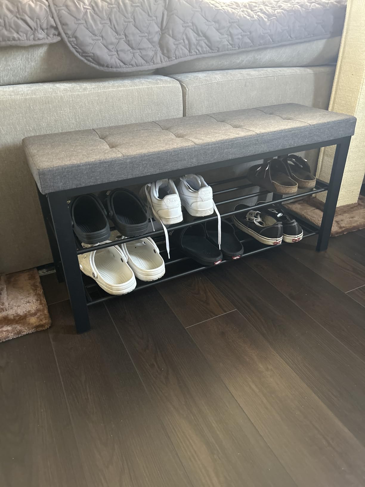 SONGMICS Shoe Bench, Storage Bench, Entryway Bench with Cushion, Shoe Shelf with Seat, Space-Saving, Modern Style, for Living Room, Bedroom, Hallway, Dark Gray and Ink Black ULBS57GYZ customer photo 2