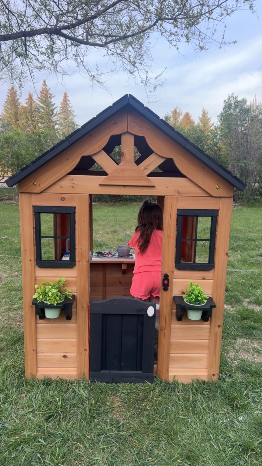 Backyard Discovery Sweetwater Cedar Wooden Kids Playhouse Cottage with Play Kitchen, Snack Bar, Half Door, Toy Phone, Windows, Flowerpot Holders, and Working Doorbell for Outdoor Imaginative Play customer photo 1