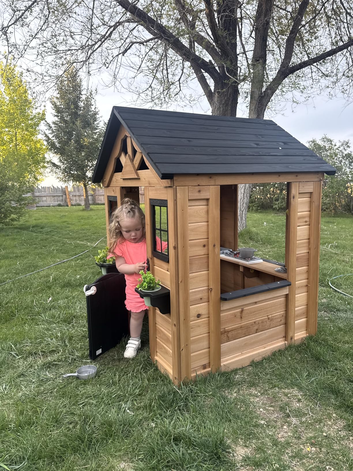 Backyard Discovery Sweetwater Cedar Wooden Kids Playhouse Cottage with Play Kitchen, Snack Bar, Half Door, Toy Phone, Windows, Flowerpot Holders, and Working Doorbell for Outdoor Imaginative Play customer photo 2
