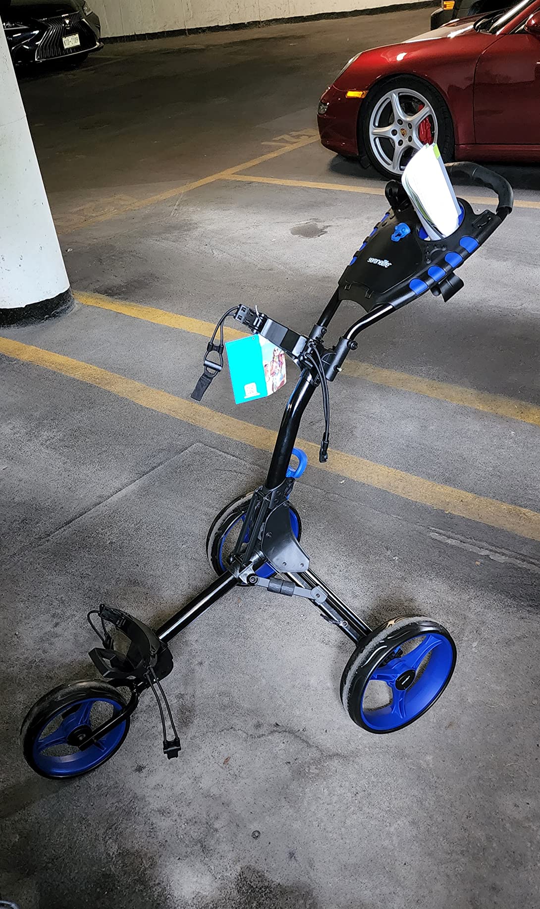 SereneLife Golf Push Cart 3 Wheel, Ultra Lightweight Aluminum Foldable Cart with Adjustable Handle, Quick-Fold, New-Version Scorecard, Phone/Cup/Umbrella Holders, Cooler Storage customer photo 1