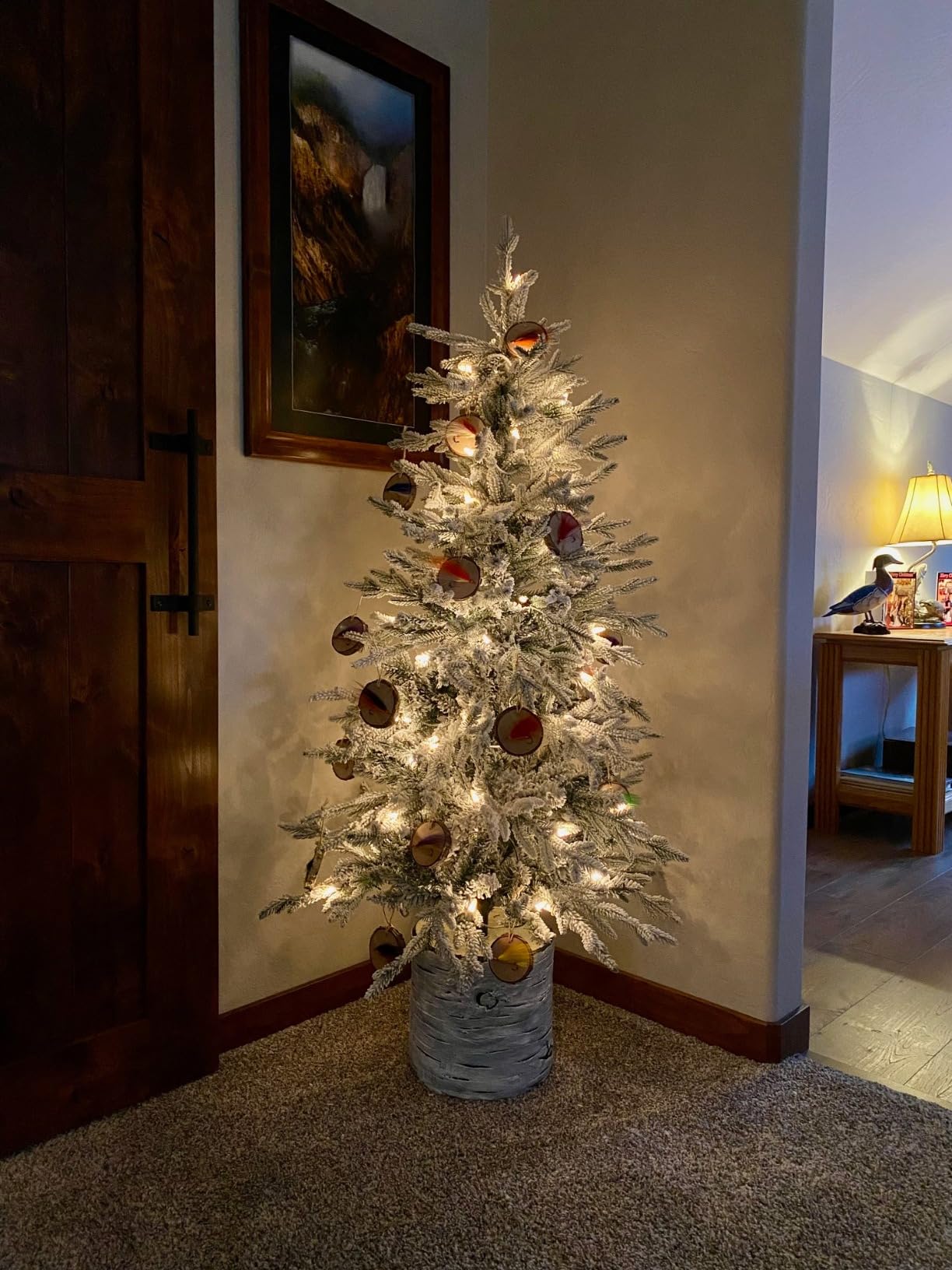 Puleo International 6ft Pre-Lit Potted Flocked Arctic Fir Pencil Christmas Tree with 120 Warm White Lights, 1325 Realistic Dense Snow Flocked Branch Tips, Easy Setup Artificial Trees with Sturdy Stand customer photo 2