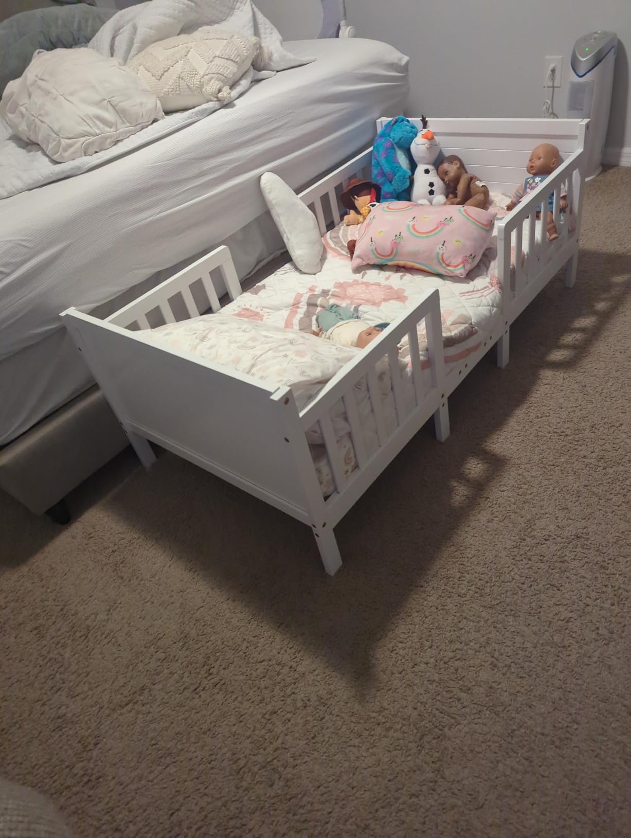 Costzon Toddler Bed Frame, 2 in 1 Convertible Wood Kids Bed w/Double Side Safety Guardrails & Footboard for Extra Safety, Toddler Floor Bed Fits Full Size Crib Mattress (White) customer photo 1