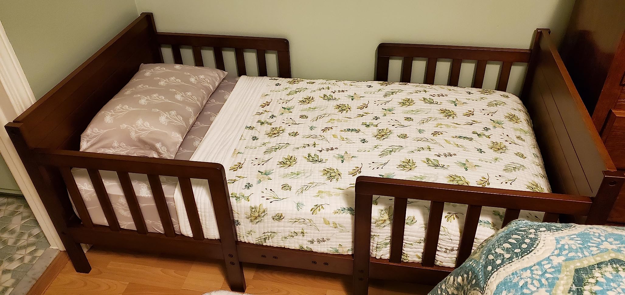 Costzon Toddler Bed Frame, 2 in 1 Convertible Wood Kids Bed w/Double Side Safety Guardrails & Footboard for Extra Safety, Toddler Floor Bed Fits Full Size Crib Mattress (White) customer photo 2