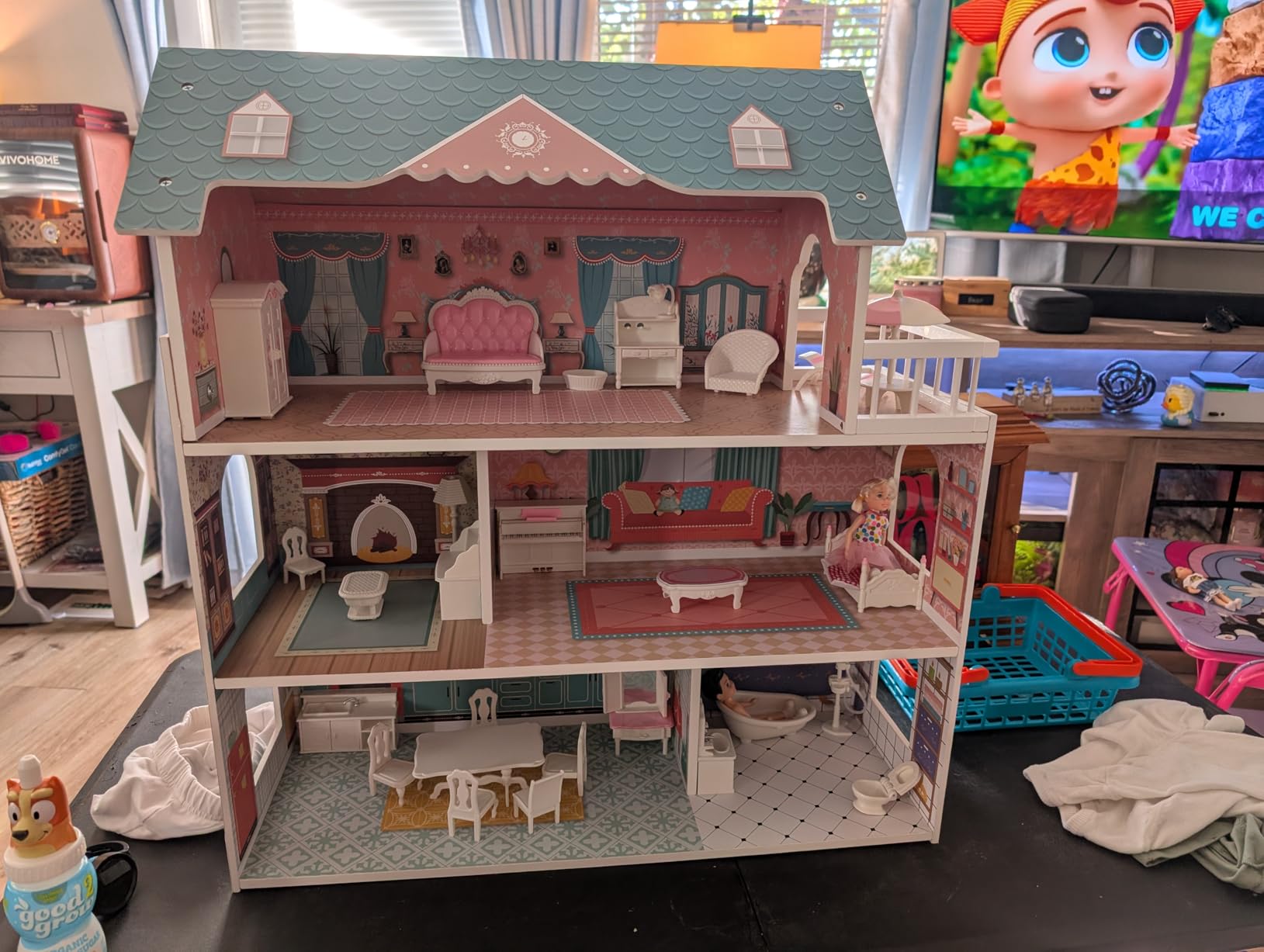 ROBUD Wooden Dollhouse for Kids Girls, Toy Gift for 3 4 5 6 Years Old, with Furniture Blue customer photo 2