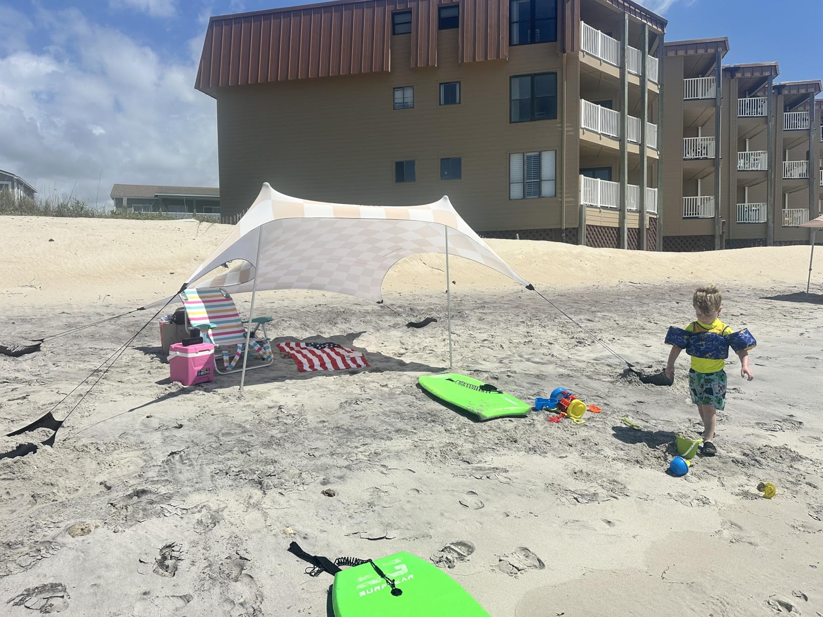 Neso Portable Beach Tent Sun Shelter with Sand Anchor - Lightweight Beach Shade Canopy - Easy Setup for Family Outings - Patented Reinforced Corners - UPF 50+ Sun Protection - 7 x 7ft - Rainbow customer photo 1