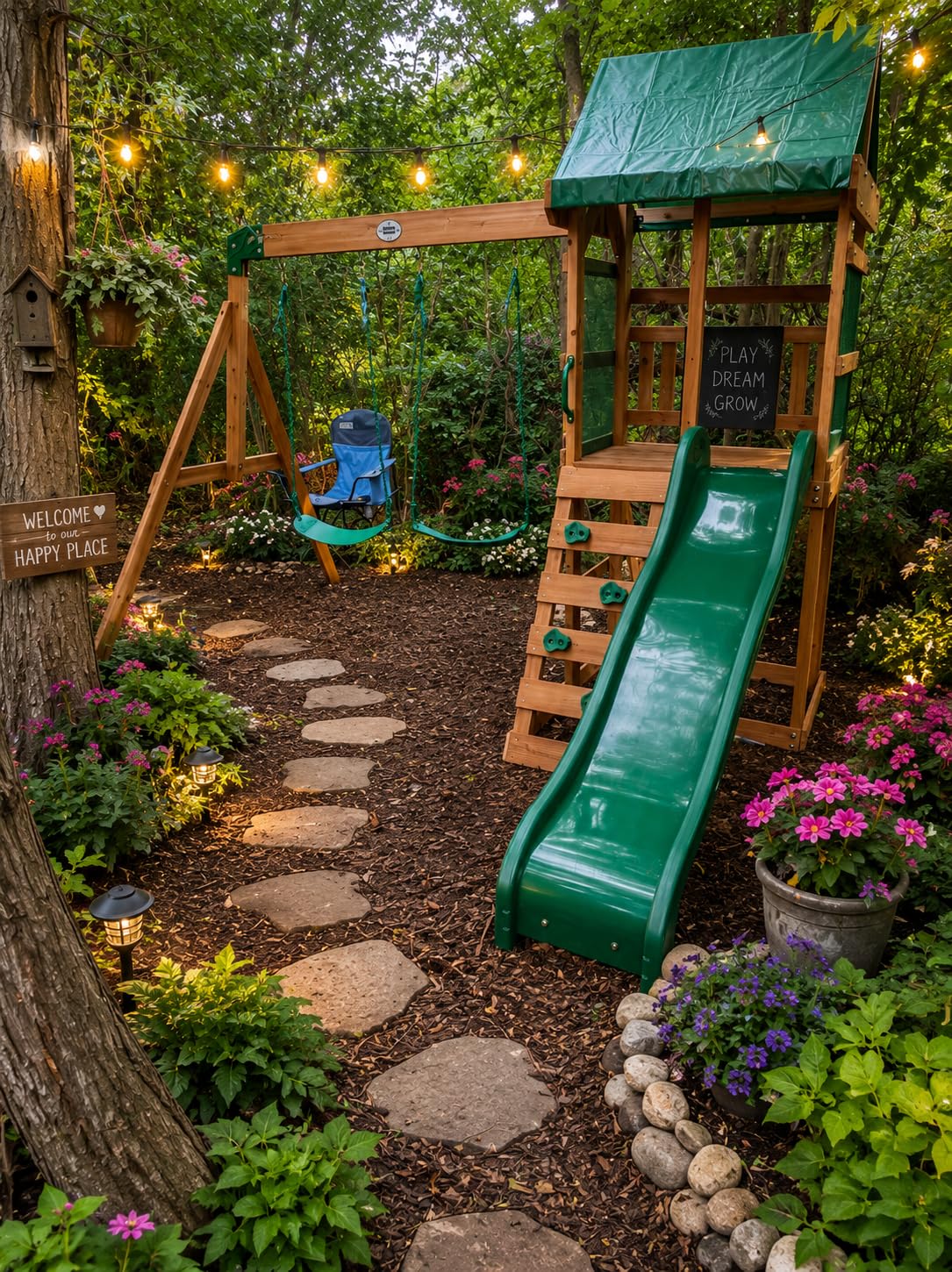 Backyard Discovery Bay Pointe Cedar Wood Swing Set with Wave Slide, Play Deck, Rock Wall Ladder, Belt Swings, Chalkboard, Canopy Roof, Outdoor Playset customer photo 1