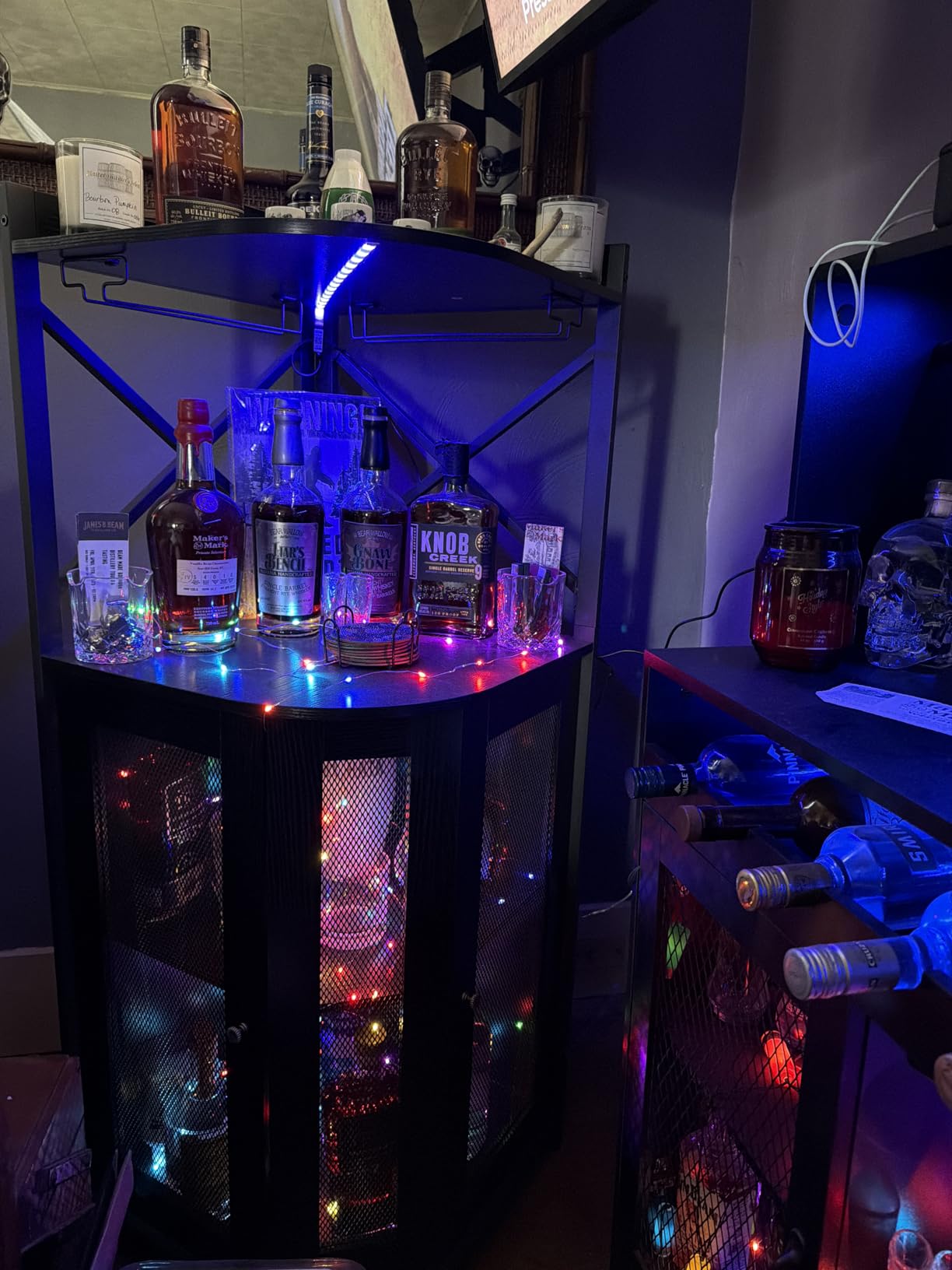 JKsmart Corner Bar Cabinet with LED Lights, Industrial Wine Cabinet with Glass Holder, 4-Tier Wine Cabinet with Door and Shelf, Farmhouse Home Bar for Liquor Wine Coffee Storage, Rustic Brown customer photo 1