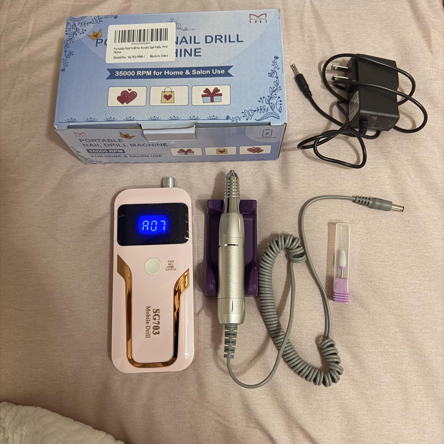 MOCOWIND Portable Nail Drill Professional 35000 RPM, Rechargeable Electric Nail File Machine Cordless E-File for Acrylic Gel Polishing Removing with Bits Kit for Manicure Salon Home, Pink customer photo 1