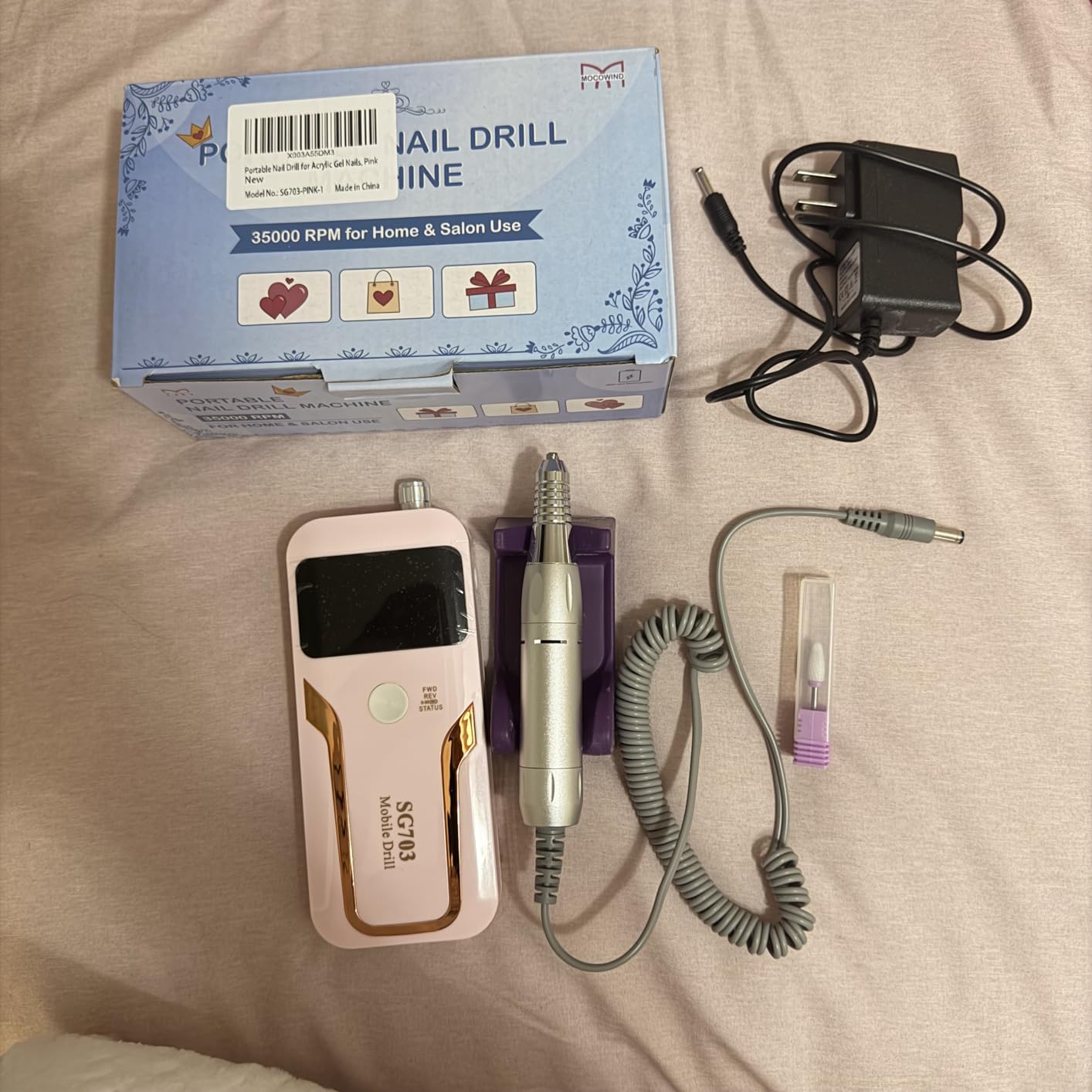 MOCOWIND Portable Nail Drill Professional 35000 RPM, Rechargeable Electric Nail File Machine Cordless E-File for Acrylic Gel Polishing Removing with Bits Kit for Manicure Salon Home, Pink customer photo 2